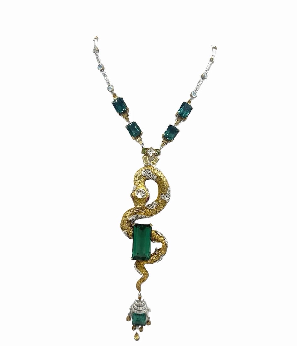 SHOTIROS 925 18K Gold Plate Genuine Gemstone Set of Snake Necklace & Ring $5,750: Item: Set of Necklace and a Ring Brand/Maker: Shotiros Metal: 925 Sterling 18K gold plated Gem Stones: Main Stone Green Peridot, Topaz, Ruby, Quartz, Citrine Necklace: 17" Long including "Snake" Penda