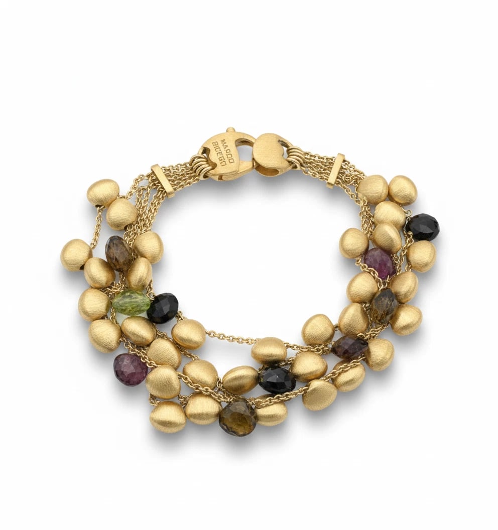 Marco Bicego 18K Yellow Gold 5-Row "Paradise" Chain Bracelet With Gem Stones: Estate Marco Bicego 18K Yellow Gold & Multi-Gemstones "Paradise" 5-Row Chain Bracelet Bracelet composed from five 18K yellow gold cable chains adorned with a fun and colorful mix of gemstones and text