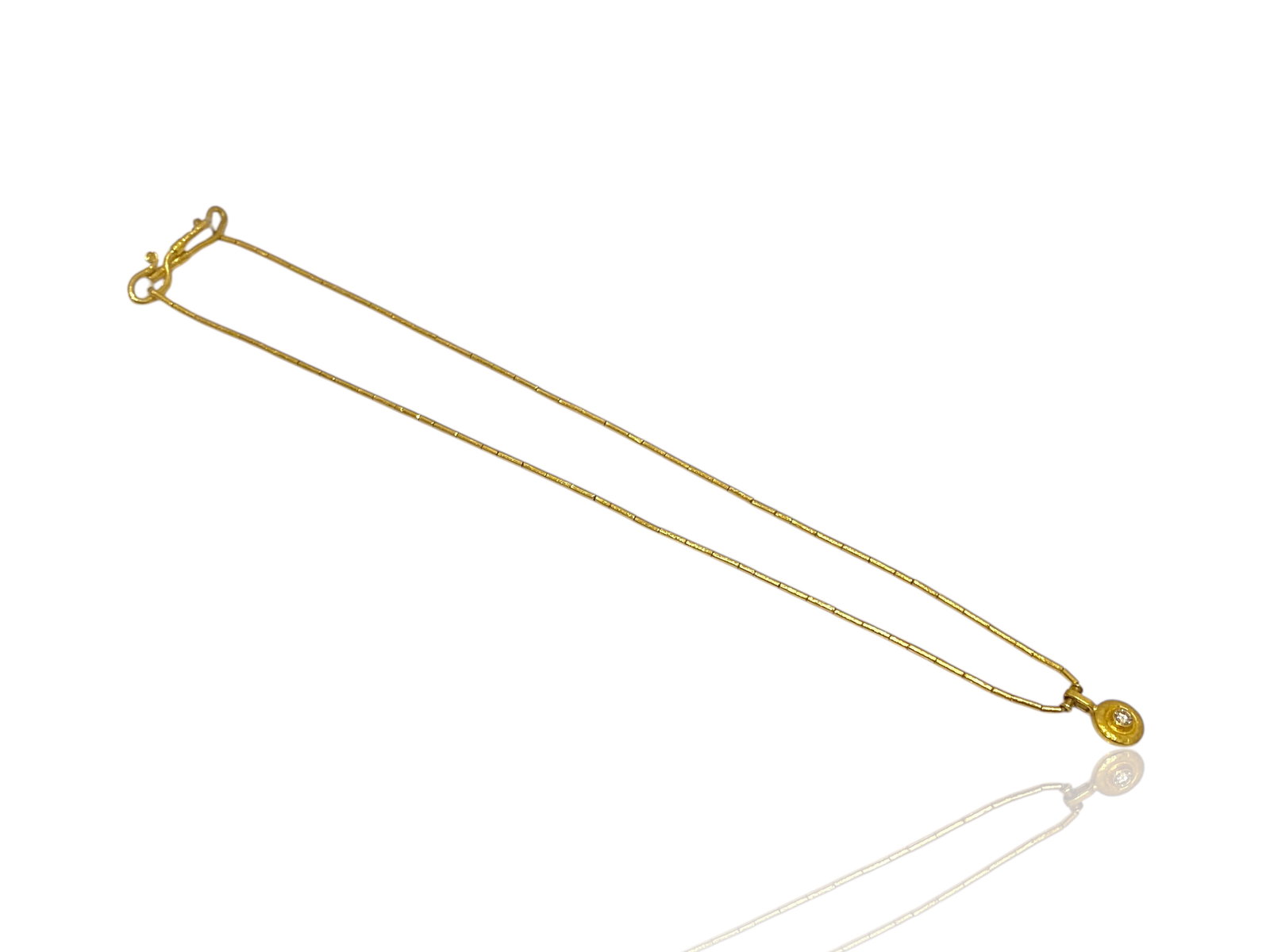 Exquisite 24k Gold Gurhan Diamond Droplet Necklace 8mm: Condition: Like New Brand: GURHAN Material: 24K Yellow Gold Gem Stone: Round Brilliant Cut Diamond and Pearl-seed. Necklace dimensions: 16" inches Weight: 8.7 grams