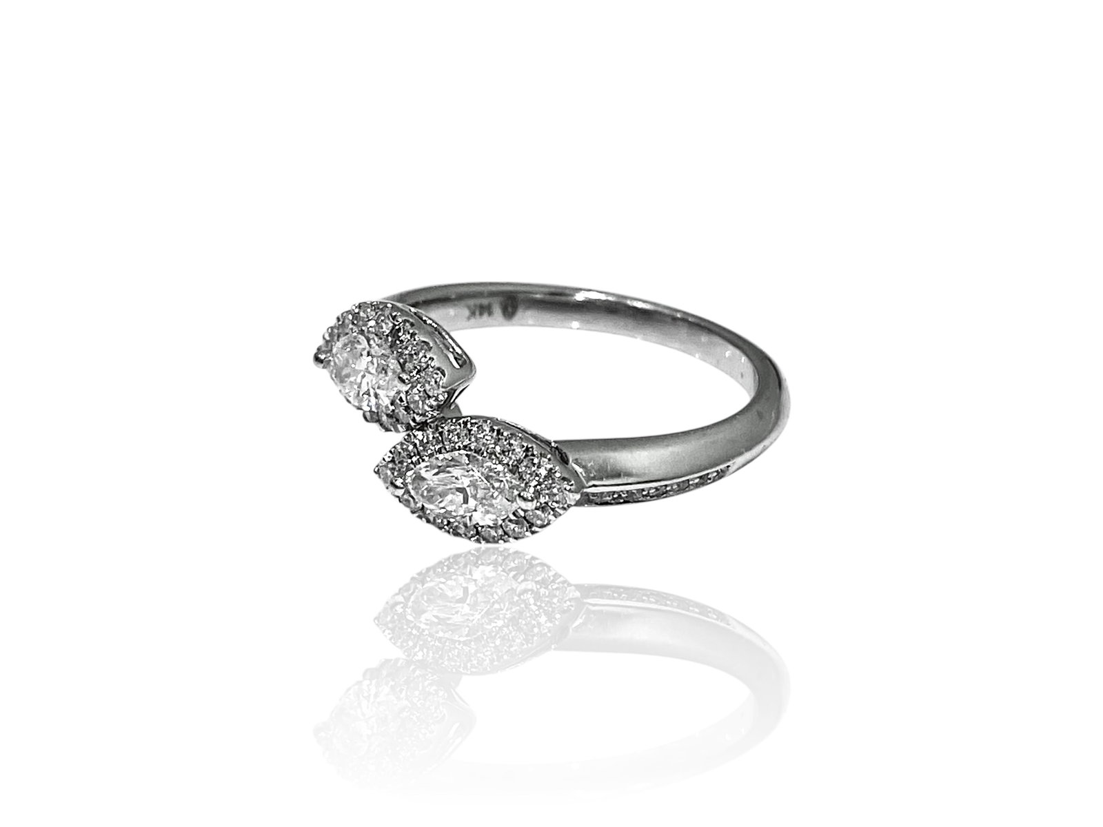 Ever Us 2 Stone Marquise Cut Halo Pave Diamond Ring: Condition: Excellent. Creator: Ever Us. Metal Purity: 14k White Gold Jewel: Diamond. Stone Cut: Marquise-cut and Round Brilliant-cut. Jewel Count: 42. Total Carat Weight: APX .75 TCW. Clarity & Color: