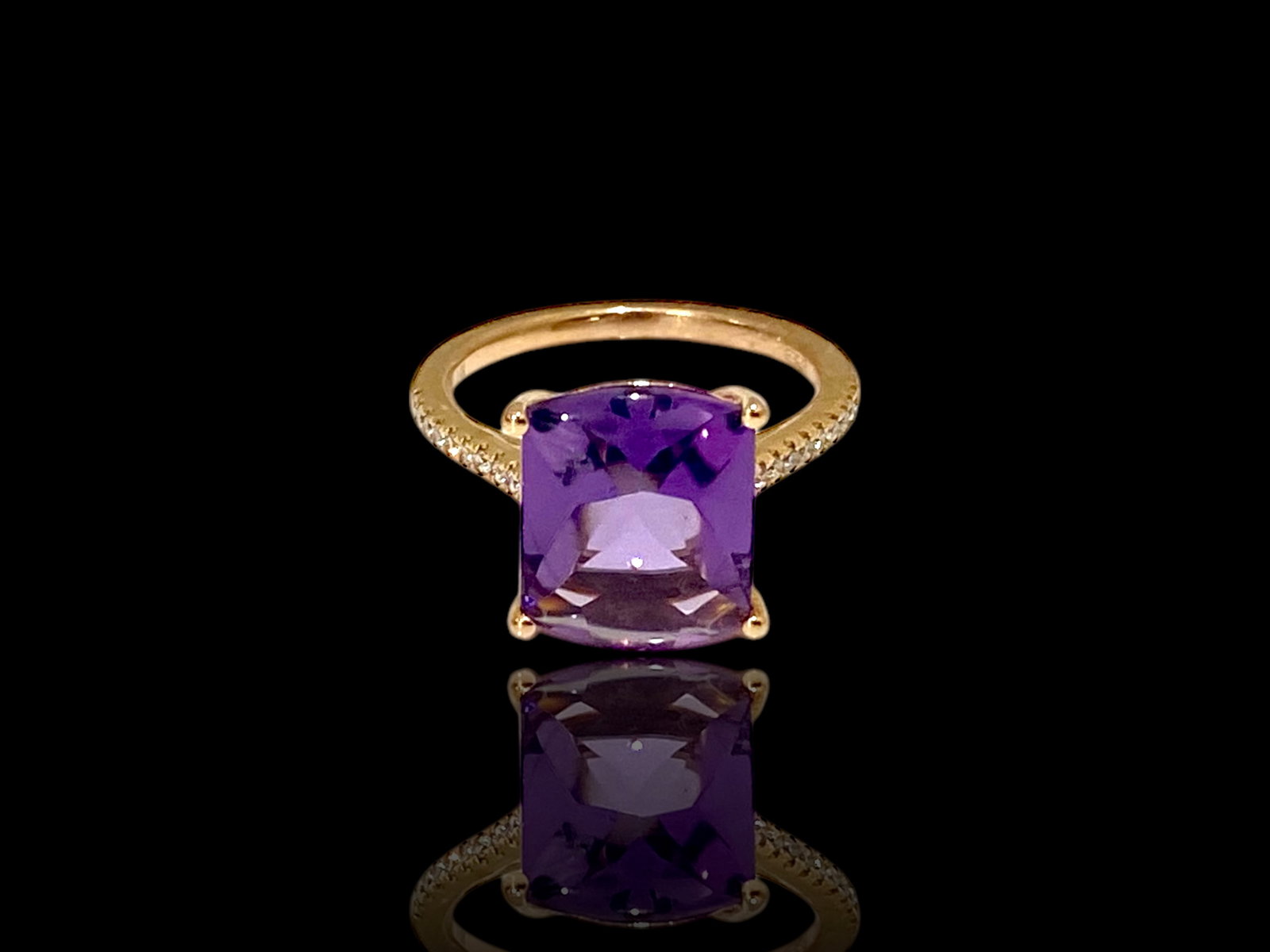 EFFY Collection Cushion-Cut Amethyst and 1/10 CT. T.W. Diamond Ring in 14K Rose Gold: Condition : Like New. Brand : EFFY. Metal: 14k White Gold. Gemstone: Cushion-Cut Amethyst and (20) Round Diamonds. Amethyst Dimension: 11mm x 13mm Ring Size: 7. Weight: 4 grams.