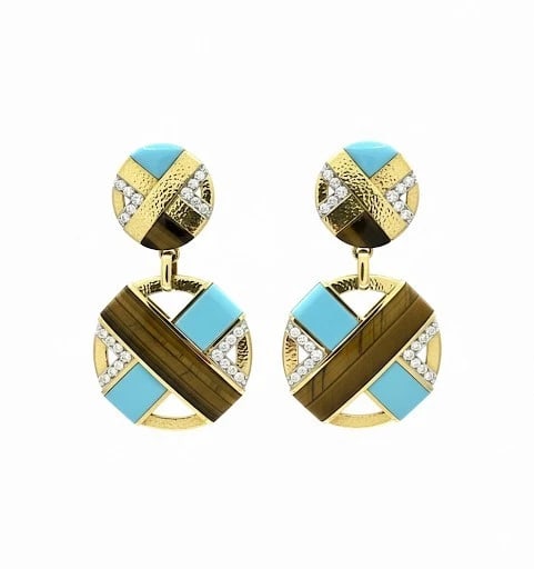 David Webb "XO" 18K Yellow & Platinum, Diamond, Turquoise & Tiger Eye Earrings: Item: Pair of Earrings (Clip-on back) Brand/Maker: David Webb Material: 18k Yellow Gold and Platinum. Gemstone: Diamond, Turquoise, Tiger's Eye. Diamond Count: 64 brilliant-cut diamonds VVS1 D color. 
