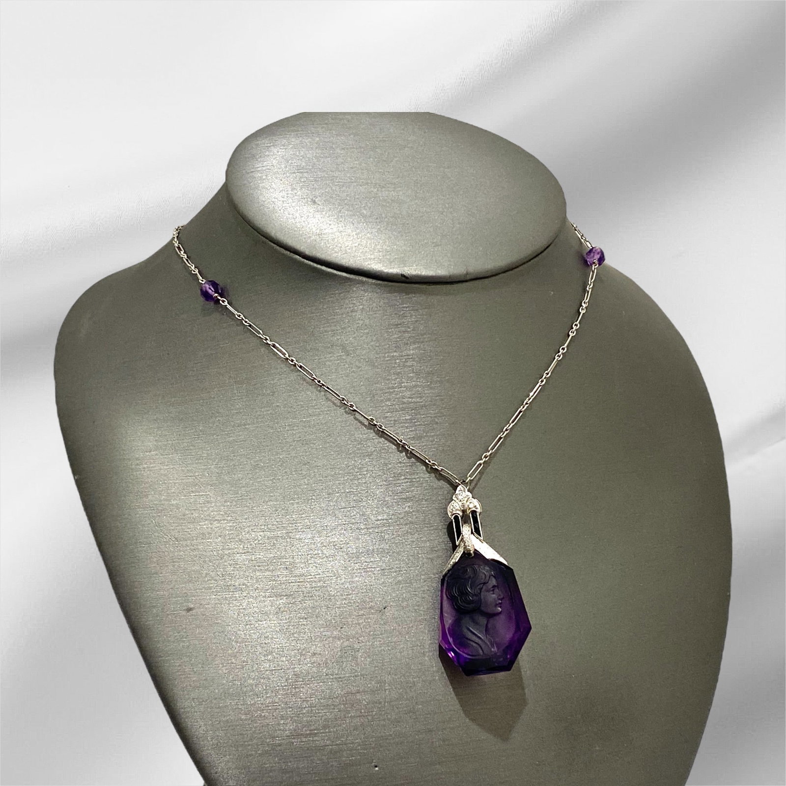 Antique Hand Carved Amethyst and Diamond Intaglio Pendant Necklace in Platinum and Gold with a (1 of 7)