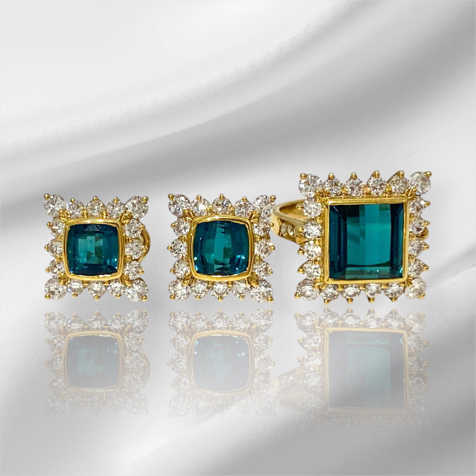 Natural Gem Quality Tourmaline and Diamond Cluster Ring and Earrings Set: Condition: Good. Brand: Unbranded. Material: 18k Yellow Gold. Diamond Total Carat Weight: Apx 5 TCW. Diamond Color and Quality: VS1-VS2; G-H. Tourmaline Carat Weight: Over 12 TCW. Total Gram Weight: 1