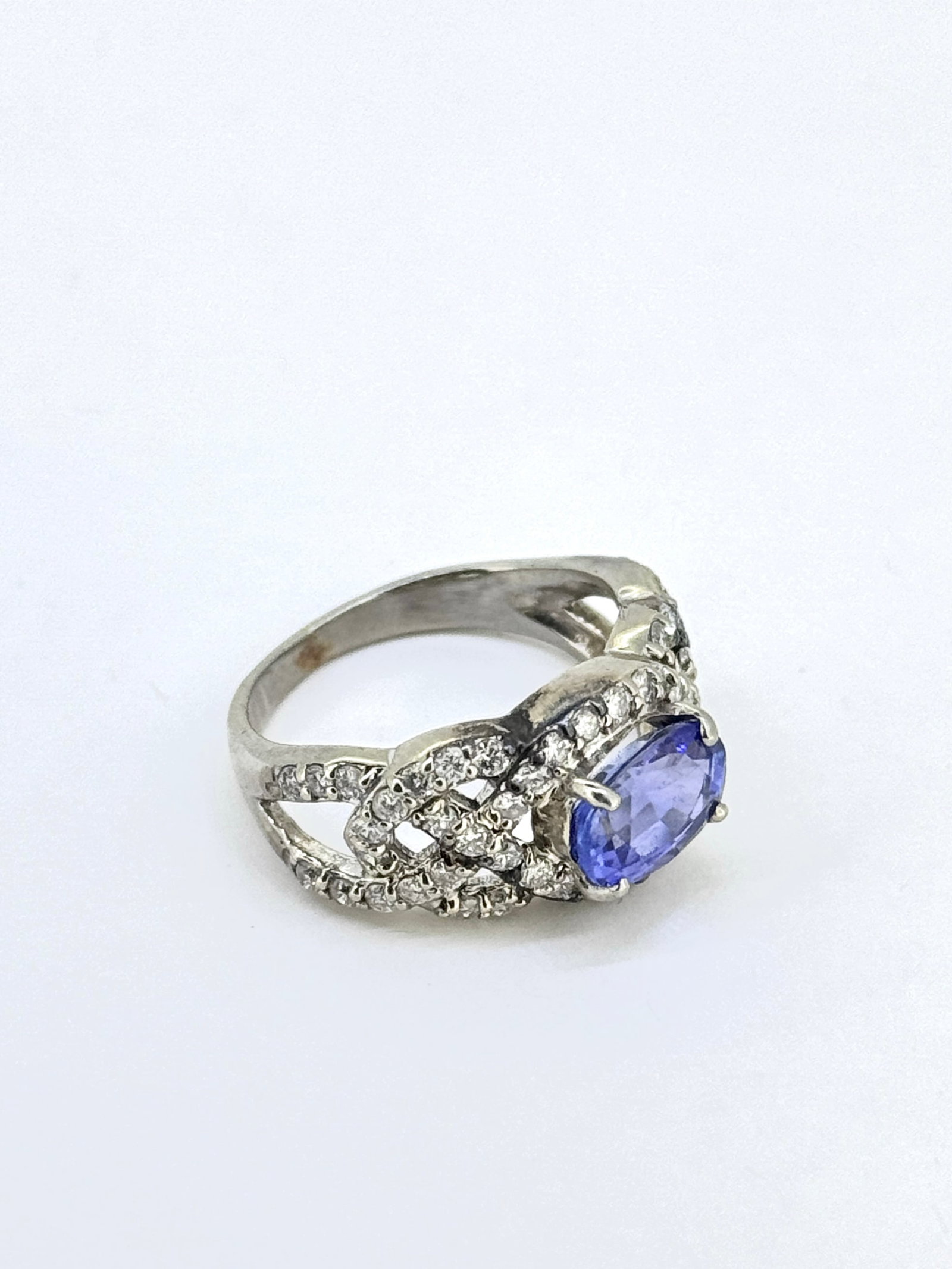 Natural Tanzanite and Round Diamond Ring in 14k White Gold (1 of 3)