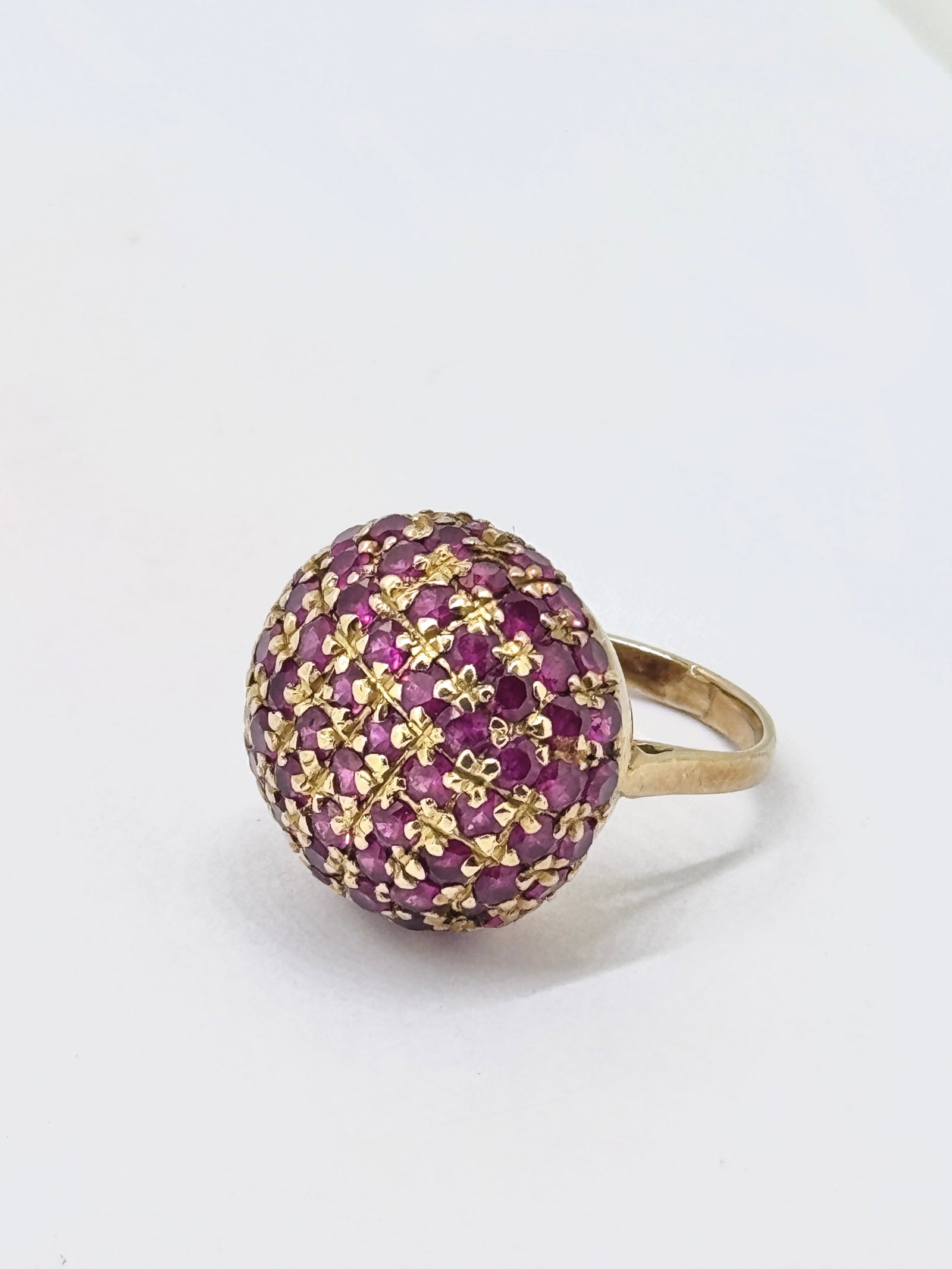 Vintage 18k Yellow Gold Rare Ruby Dome bombe Designer Ring: Condition: Like New. Brand: Unbranded. Metal Purity: 18k Yellow Gold. Gemstone: Round Rubies. Ruby count: Apx 60. Ruby Carat Weight: Over 3 Carat. Ring Size: 4.5. Weight: 9.6 grams.