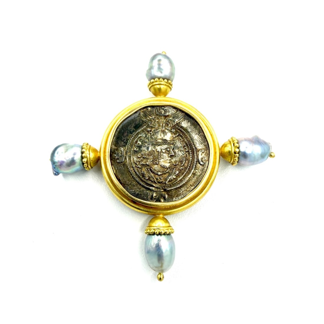 Elizabeth Locke 18k Gold Frame Silver Sasanian Roman Coin Sea Pearl PinBrooch: Designer: Elizabeth Locke Materials: Silver Sasanian coin, 18k yellow gold frame, and Baroque South Sea pearls Coin Details: The central hand-hammered coin dates to circa 300 AD and depicts Xusro I. P