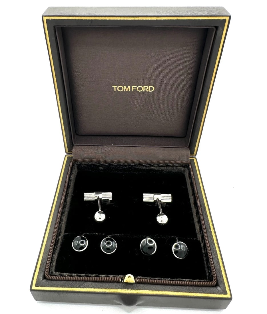 Tom Ford 18k WHITE GOLD / Onyx T Cufflinks & 4 Stud Set in Box, MSRP $12,950: Item: Cufflinks and Stud Set Maker/Brand: TOM FORD Metal: 18K White gold Total weight: 26.4 grams Stones on Studs: Black Onyx Halmarks: TOM FORD, Au 750, Made in Italy You are buying pre-owned genuine