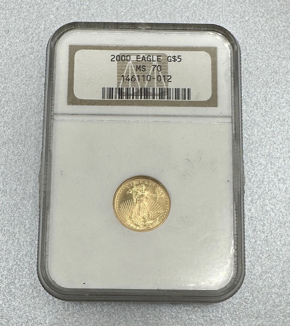 2000 Gold Eagle $5 Tenth-Ounce MS 70 NGC 1/10 oz.: 2000 Gold Eagle $5 Tenth-Ounce MS 70 NGC 1/10 oz. This 2000 tenth-ounce American gold Eagle $5 has been graded and certified MS70 by NGC. Certification Number: 146110-012 composition .9167 gold 1/10 p
