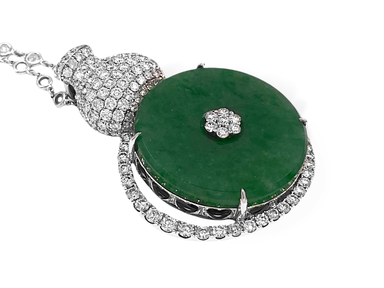 GIA Certified Type A Hololith Jadeite Jade & Diamond Pendant Necklace in 18k White Gold. (1 of 8)