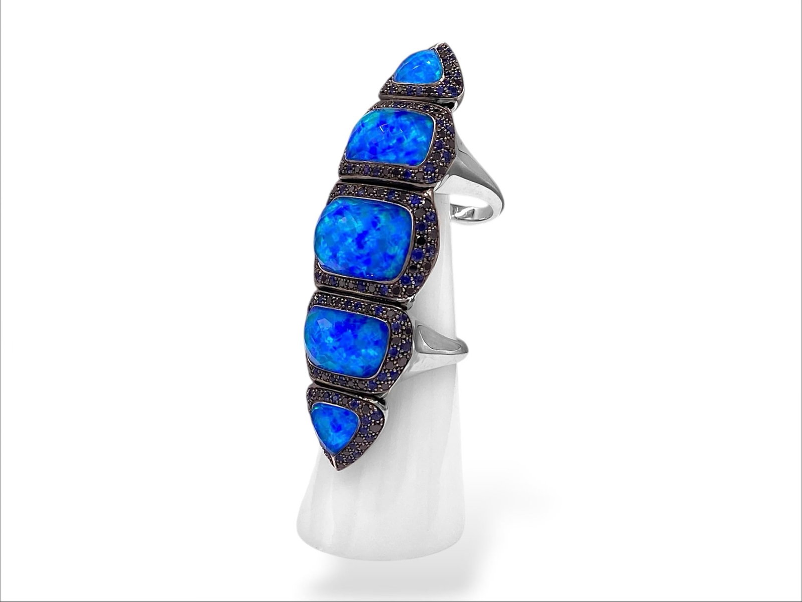 Stephen Webster No Regrets Long Finger Pave Armor Ring in 18k White Gold: Item: Ring. Brand: Stephen Webster. Style: No Regrets Long Finger Ring. Metal: 18K White Gold. Total weight: 39 grams. Gemstones: Black Opalescent Crystal Haze, Black Diamond Pavé (95pcs, 3.86ct), Bl