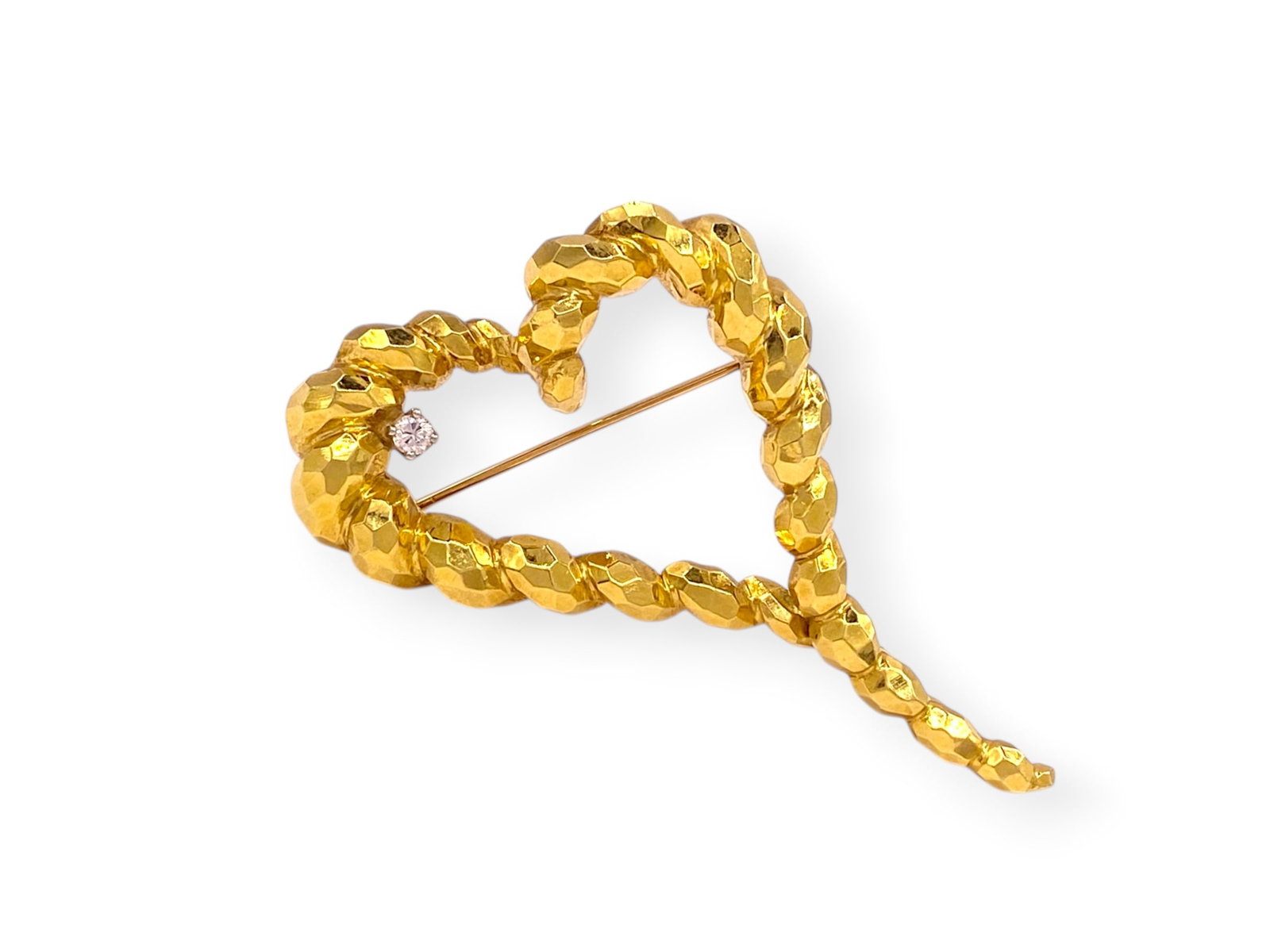 Henry Dunay Hummer Heart Pin Brooch in 18k Yellow Gold: Item: Pin Brooch. Brand: Henry Dunay. Metal: 18k Yellow Gold. Total weight: 10.1 grams. Stone: (1) Brilliant Round-cut Diamond. Clarity and Color: VVS E-F. Dimensions: Length: 2.1" inch, Width: 1.3" i