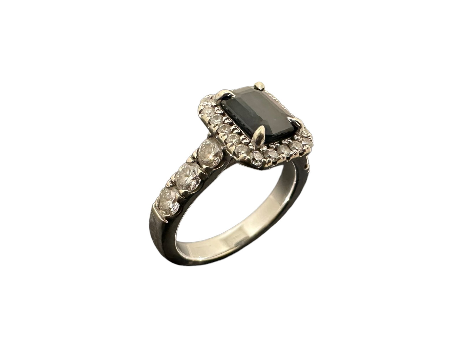 Apx 2 TCW Radiant-cut Black Sapphire and Diamond in 18k White Gold: Condition: Like Material: 18K White Gold GemStone: Black Sapphire, Diamond Sapphire Cut: Radiant-cut Apx 2.00CT Diamond Count: 26 Diamond Total Carat Weight: 0.50CT Diamonds Dimension: 6mm x 8mm Size: