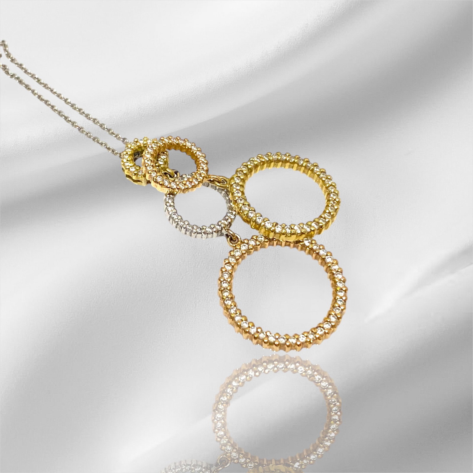 Roberto Coin 18k Tri Gold Round Pave Diamond Eternity Necklace 18": Condition: Like New. Brand: Roberto Coin. Material: 18k Yellow-White-Rose Gold. Jewel: 131 Round-brilliant-cut Diamond. Necklace Length: 18" Inch. Weight: 7.4 grams.