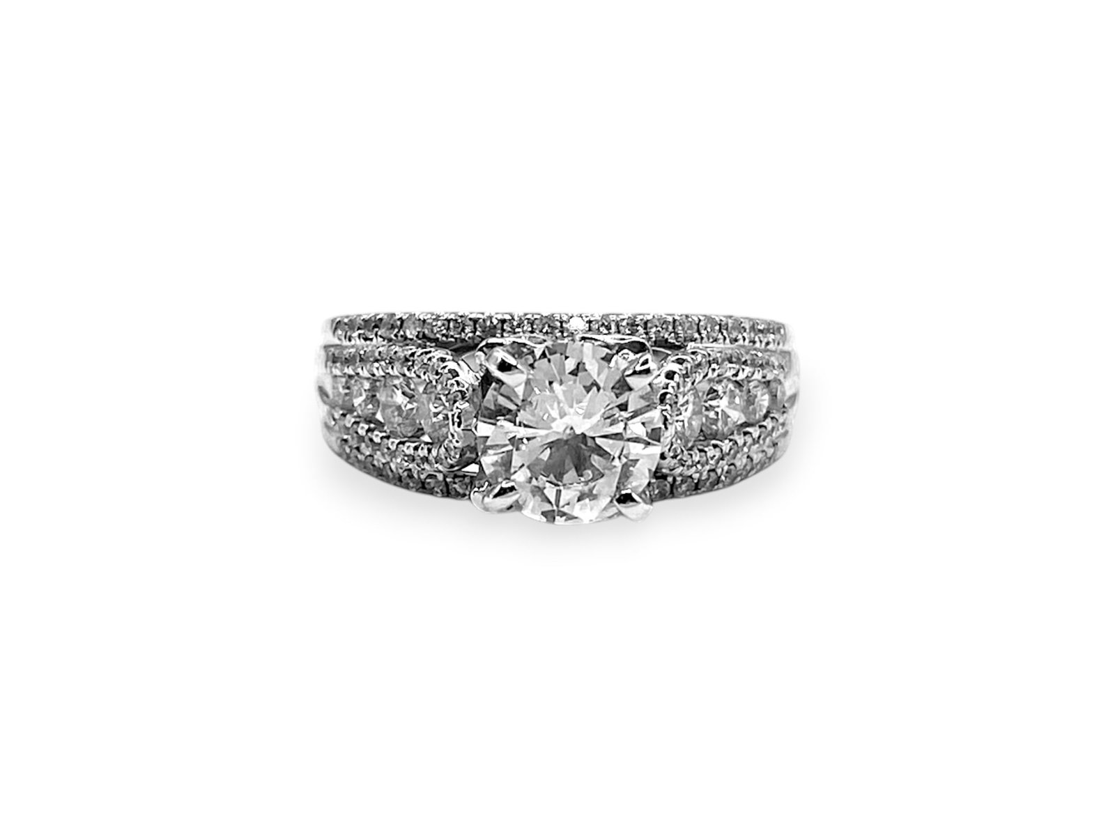 2.30TCW Round-cut Diamond Solitaire Ring in 14k White Gold: Item: Ring. Brand: Unbranded. Style: Solitaire Ring. Metal: 14K White Gold. Total weight: 5.3 grams. Ring Size: 8.25. Diamonds: 104 Natural Round Brilliant-cut Stones. Total carat Weight: 2.30TCW Clar