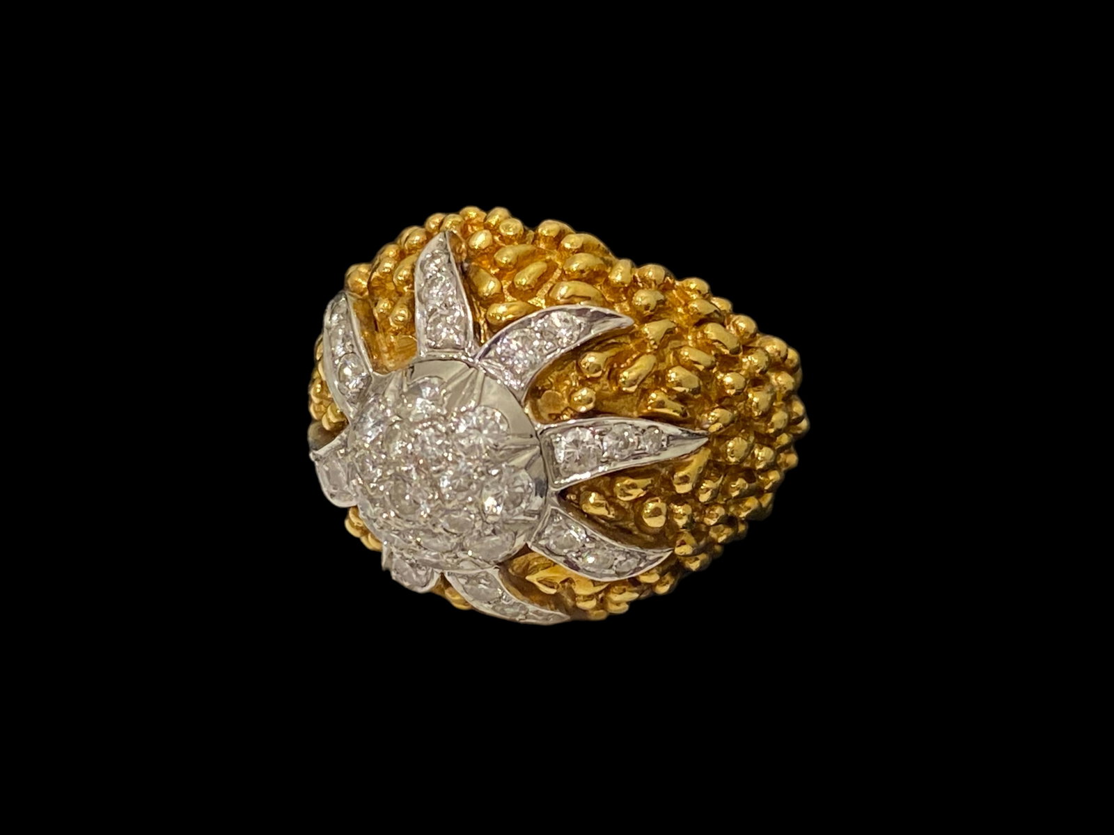 Estate 18K Yellow Gold Cocktail Ring with Round Cut Diamond Flower Spray: Material: 18K Yellow Gold GemStone: Diamond Carat Weight: 1.15TCW Color Grade: F-G Clarity Grade: VS1 VS2 Stone Shape: Round-cut Round Diamond Count: 40 Ring Size: 5.5 Ring Width: 19mm Weight: 20.8 gr