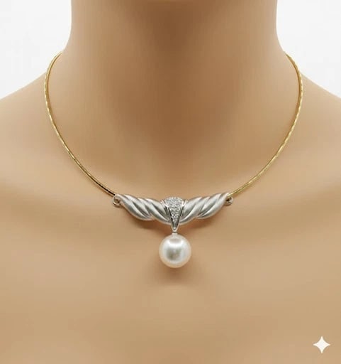 Rancangelo 18K Gold Omega Necklace two tone Reversible, Diamonds & Cult. Pearl: Item: Necklace with a Pendant Brand/Maker: RANCANGHELO Metal: 18K Yellow and White gold Necklace: Reversible, White & Yellow gold. Necklace dimensions: 16.1/2" long 2mm wide Pendant: 18K White gold wi