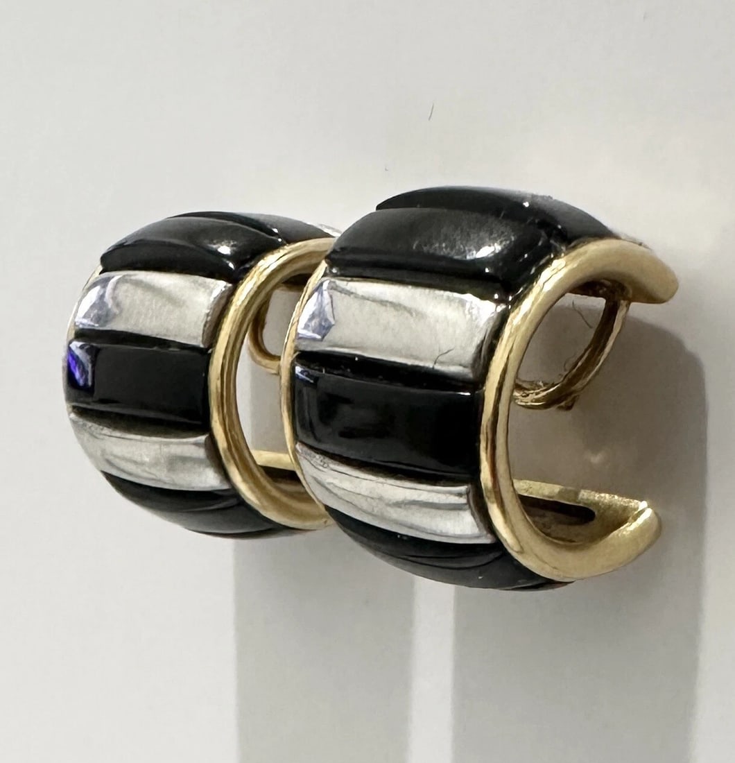 Vintage Cartier Black Onyx, 18 Kt Yellow Gold & Platinum Hoop Earrings (1 of 4)