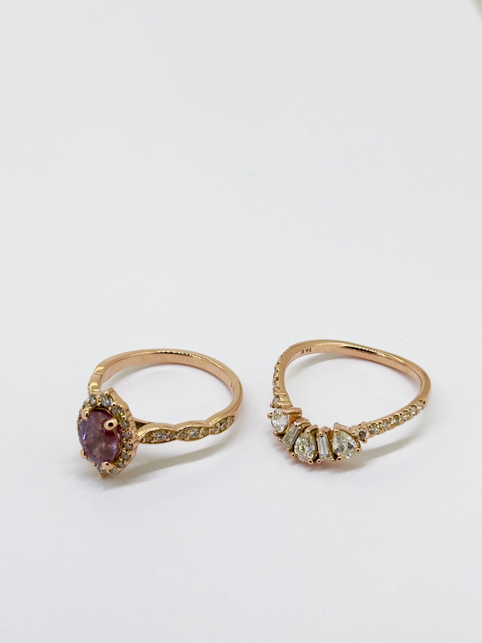 La More Design Halo Diamond & Purple Sapphire Ring Complemented with Art Nouveau Curved Band in 14k: Condition: Like New Brand: La More Design Metal Purity: 14k Rose Gold Ring: Gemstone: Round Diamond and Natural Sapphire. Diamond: Brilliant-cut, G Color, SI Clarity, Apx 0.42cttw. Sapphire: 7mm x 6mm