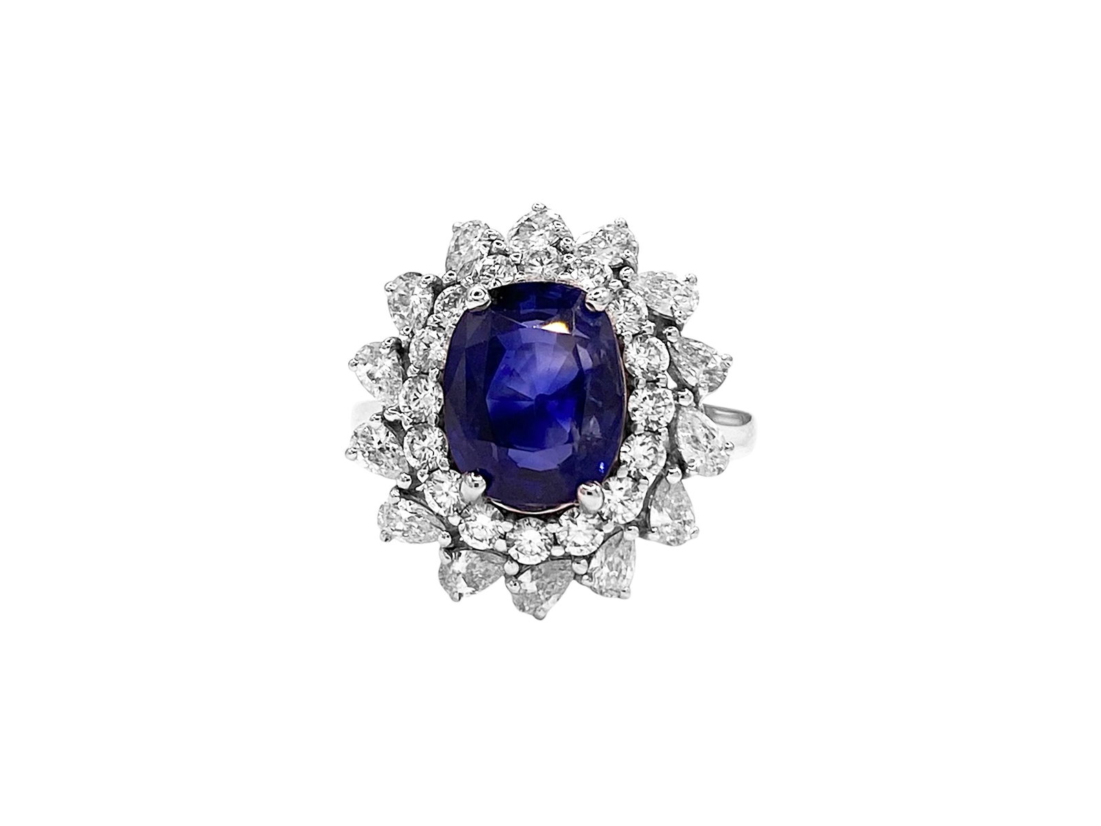 6.54 Carat Royal Blue Sapphire(Not Heated) and Diamond Halo Ring in 18k White Gold (1 of 7)