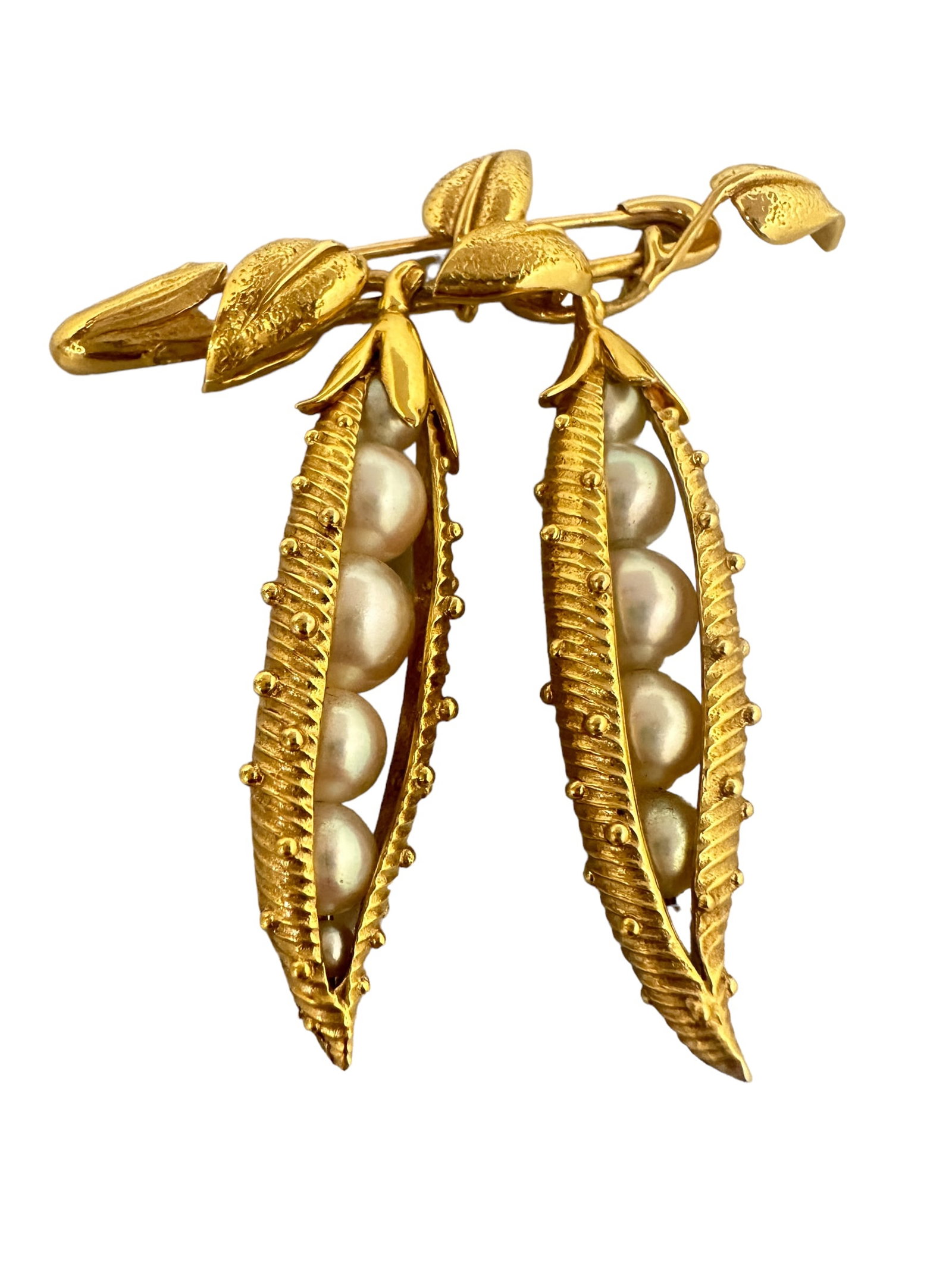Tiffany & Co. Jean Schlumberger Peapod Brooch in Yellow Gold with Cultured Pearls: Condition: Like New Brand: Tiffany & Co. Material: 18K Yellow Gold GemStone: Cultured Pearl Pearl Count: 12 Brooch Dimensions: Width: 2.3" inch Weight: 32.8 grams Retail Price: $36,500.00