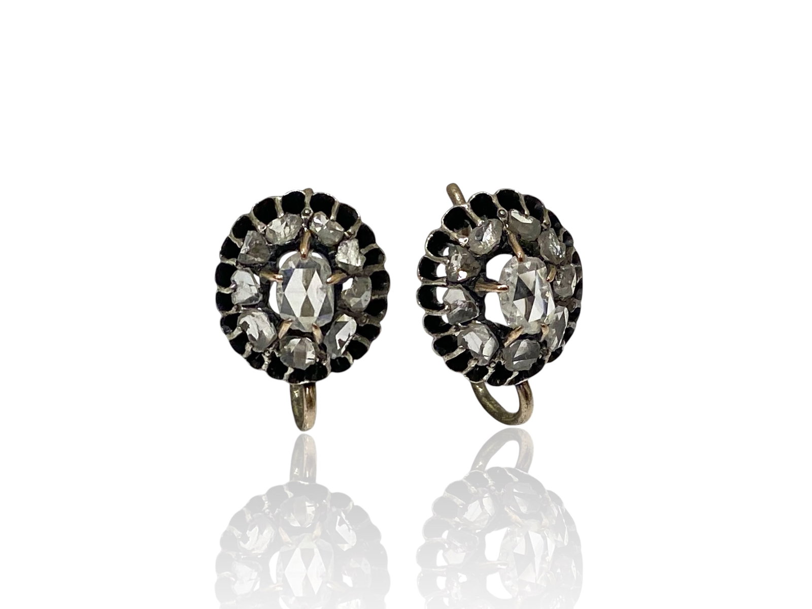 19th Century Gold. & Silver, Rose Cut Diamond Cluster Earrings: Condition: Good. Brand: Unbranded Metal: 14k Gold & Silver. GemStone: Rose-cut Diamond. Diamond Count: 20 Rose-cut Diamonds. Carat Weight: Apx 2.5 TCW Weight: 5.5 grams