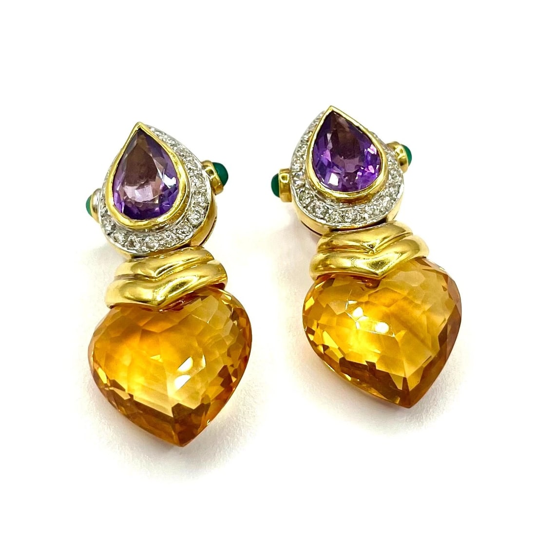 BATEN 18K Gold Vintage Earrings Diamonds, Citrine, Amethyst, Jade, w Omega Clips: Brand / Maker: BATEN Item: Pair of Earrings Metal: 18K Yellow gold Total weight: 36.1 grams ( 23.2 dwt) Earring length: 46 mm from top to bottom (20 mm widest part) Diamonds: 38 Round Brilliant Cut Na