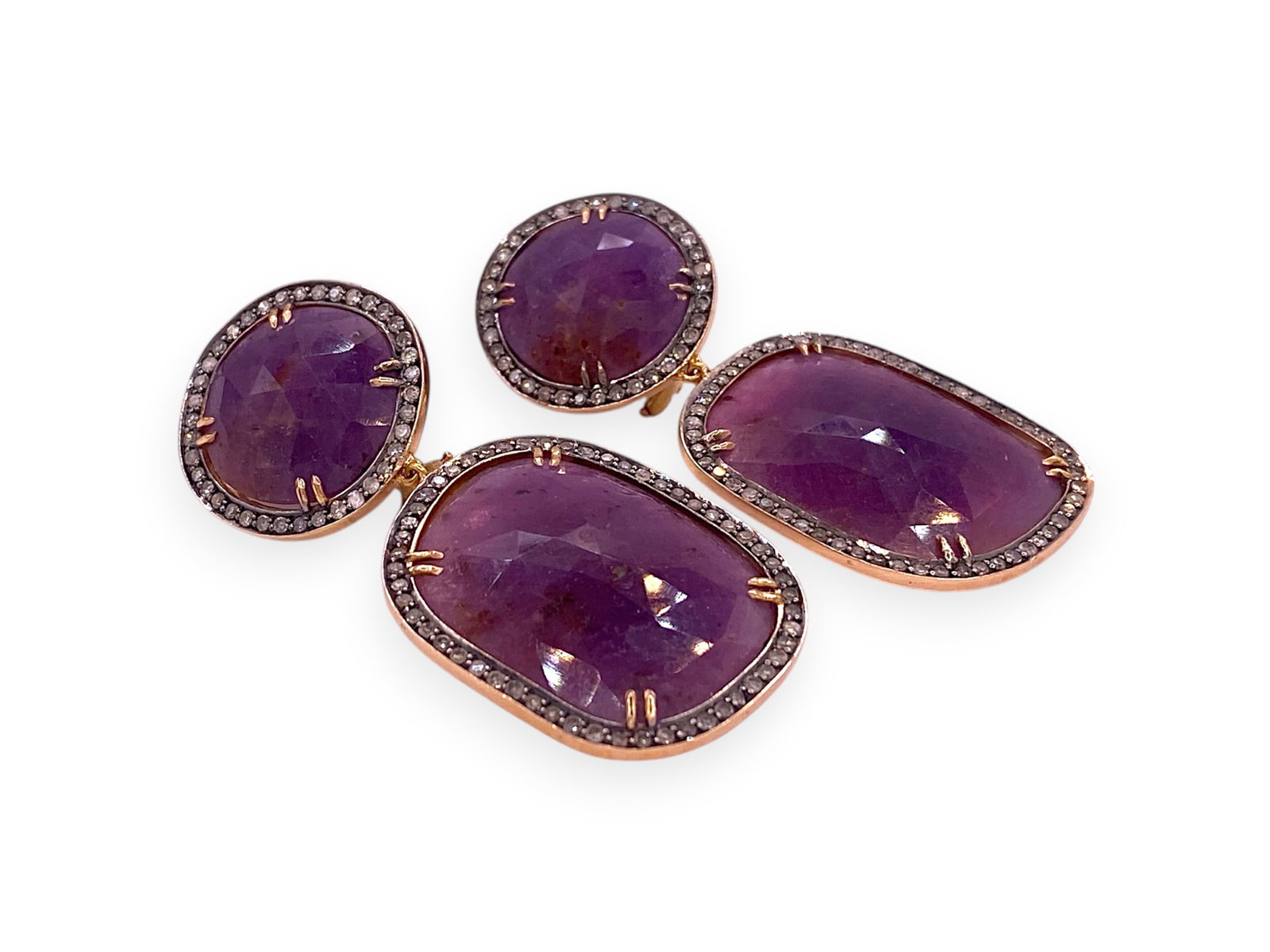 Elegant Purple Amethyst Cabochon and Diamond Halo Drop Earrings in 14k Rose Gold: Item: Drop Earrings. Brand: Unbranded. Metal: 14K Rose Gold. Total weight: 22.5 grams. Gemstone: Purple Amethyst and Diamond. Amethyst Dimensions: 26mm x 21mm & 16mm. Diamond Count: 184 stones Earring
