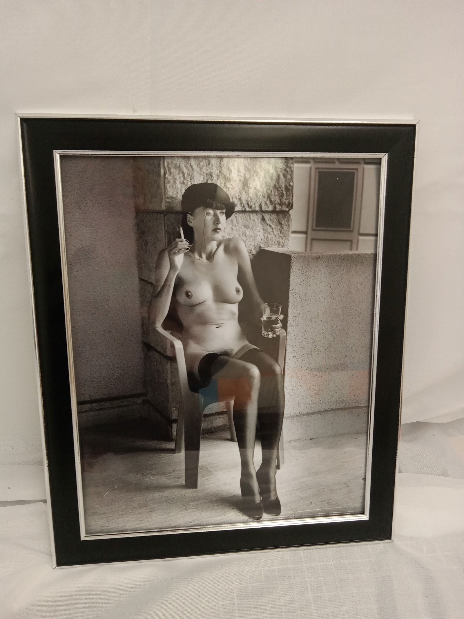 Helmut Newton, Jenny Captain, Monte Carlo, 1987 Framed: Jenny Captain, Monte Carlo photographed by Helmut Newton, 1987. Print date unknown. Photo on high gloss Kodak photo paper. Image measures 9x9, framed.