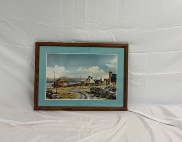 Framed Watercolor of Coastal Landscape