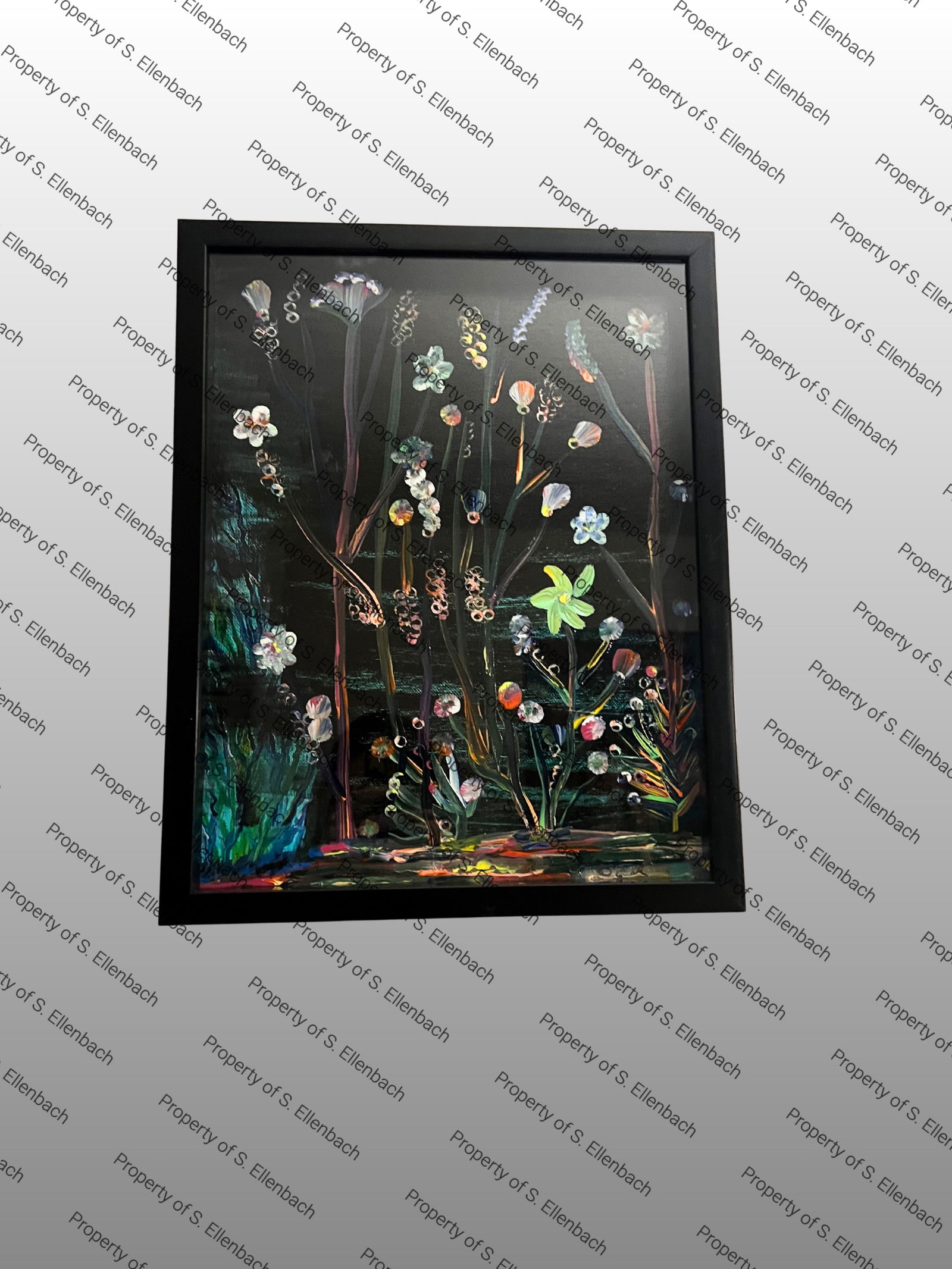 Sharon Ellenback "Flower Pool" Black Light Painting: "Flower Pool" Acrylic and neon paint on canvas board by local artist, Sharon Ellenback. Hand painted and signed, this painting glows under a blacklight but can be enjoyed in any viewing scene. Measure