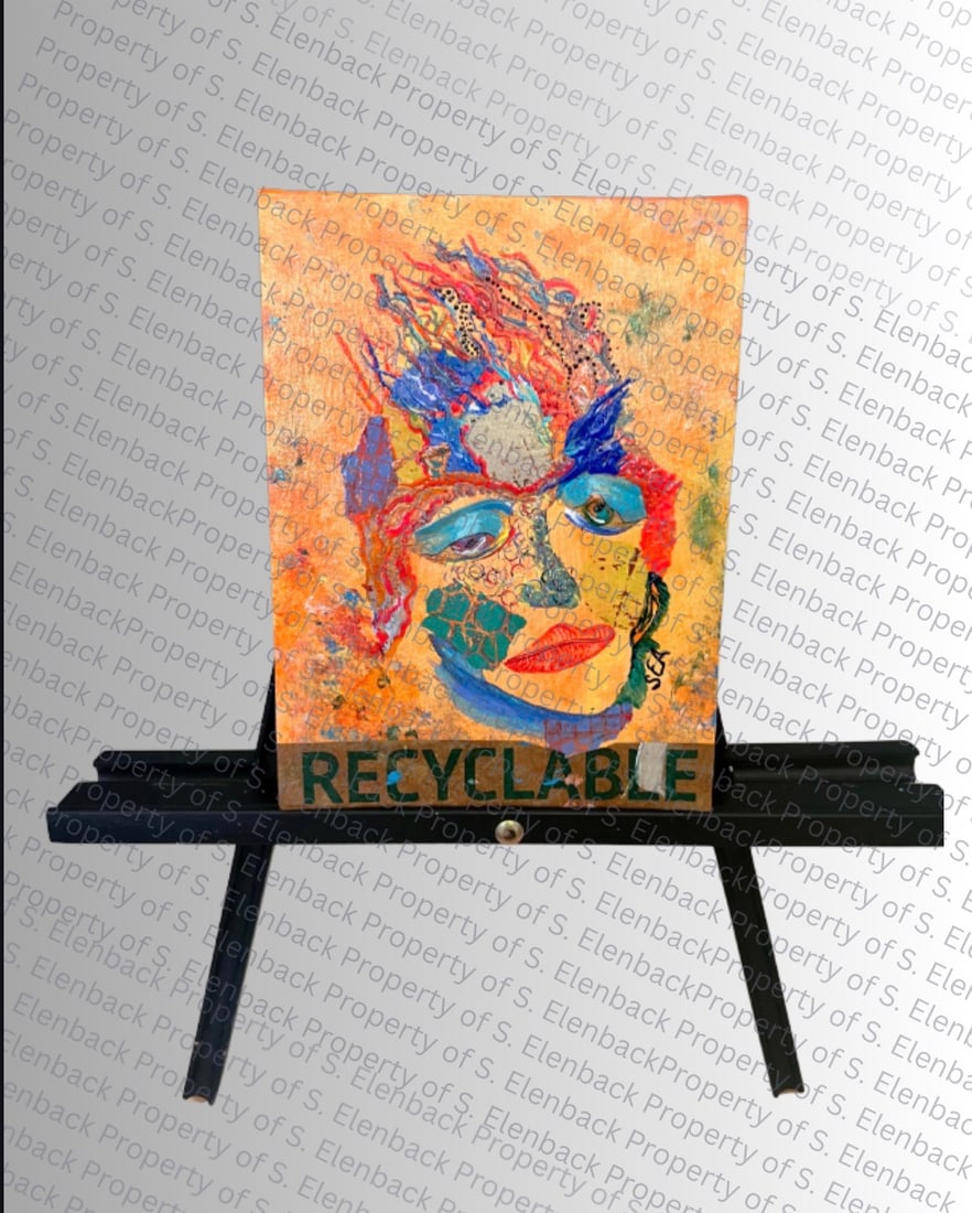 Sharon Ellenback "Recyclable" Mixed Medium Painting: "Recyclable" A mixed medium acrylic painting on canvas board by local artist, Sharon Ellenback. Hand painted and signed. Canvas board measures 7x9.5 inches.