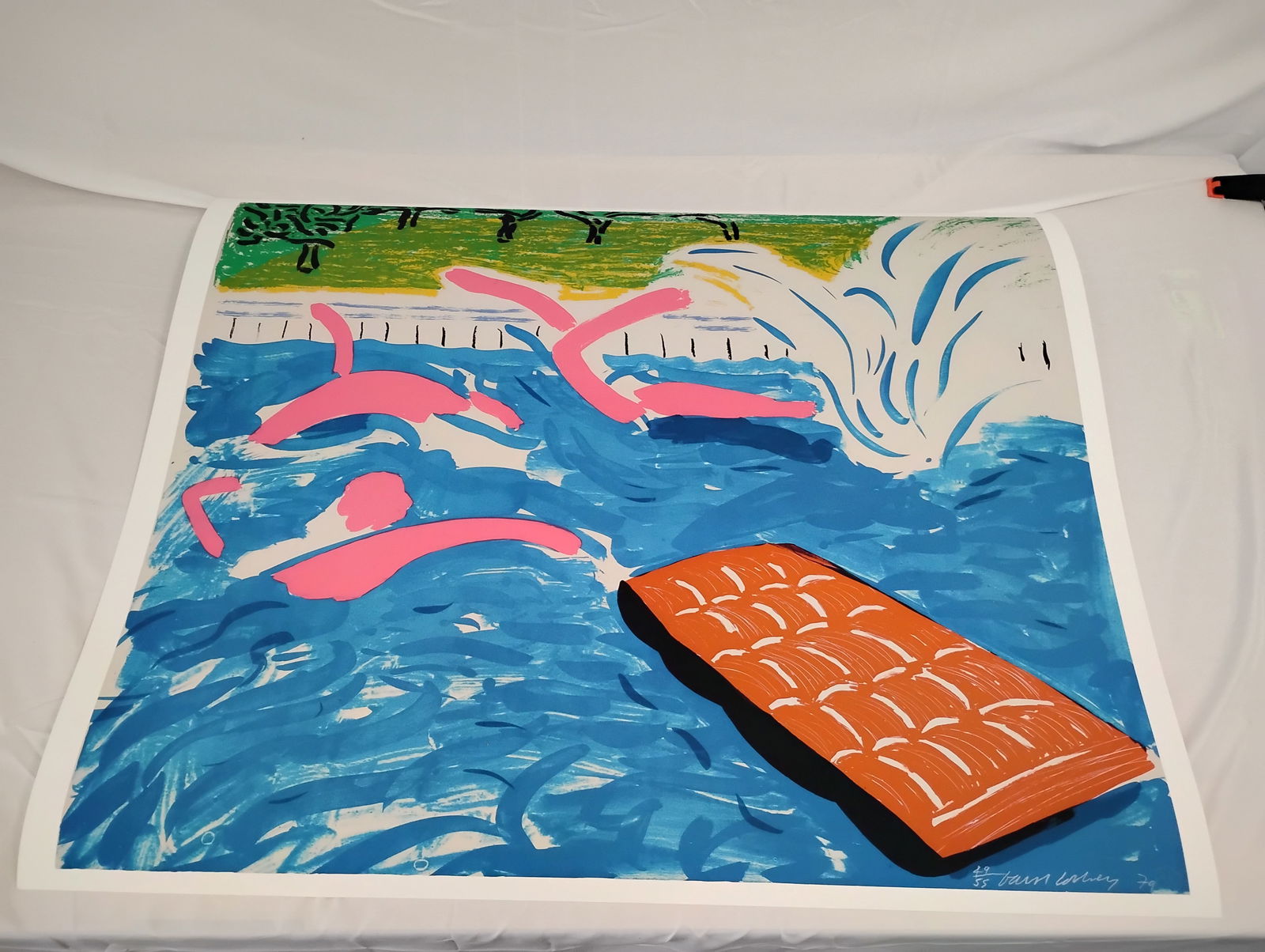 David Hockney "Afternoon Swimming" Print Signed: David Hockney "Afternoon Swimming" Print Signed, Not framed, measures 31.5X39.5 inches, This item is from a local Esate Sale, The Tyler Graphics Blind Stamp in lower Right corner. We are selling the