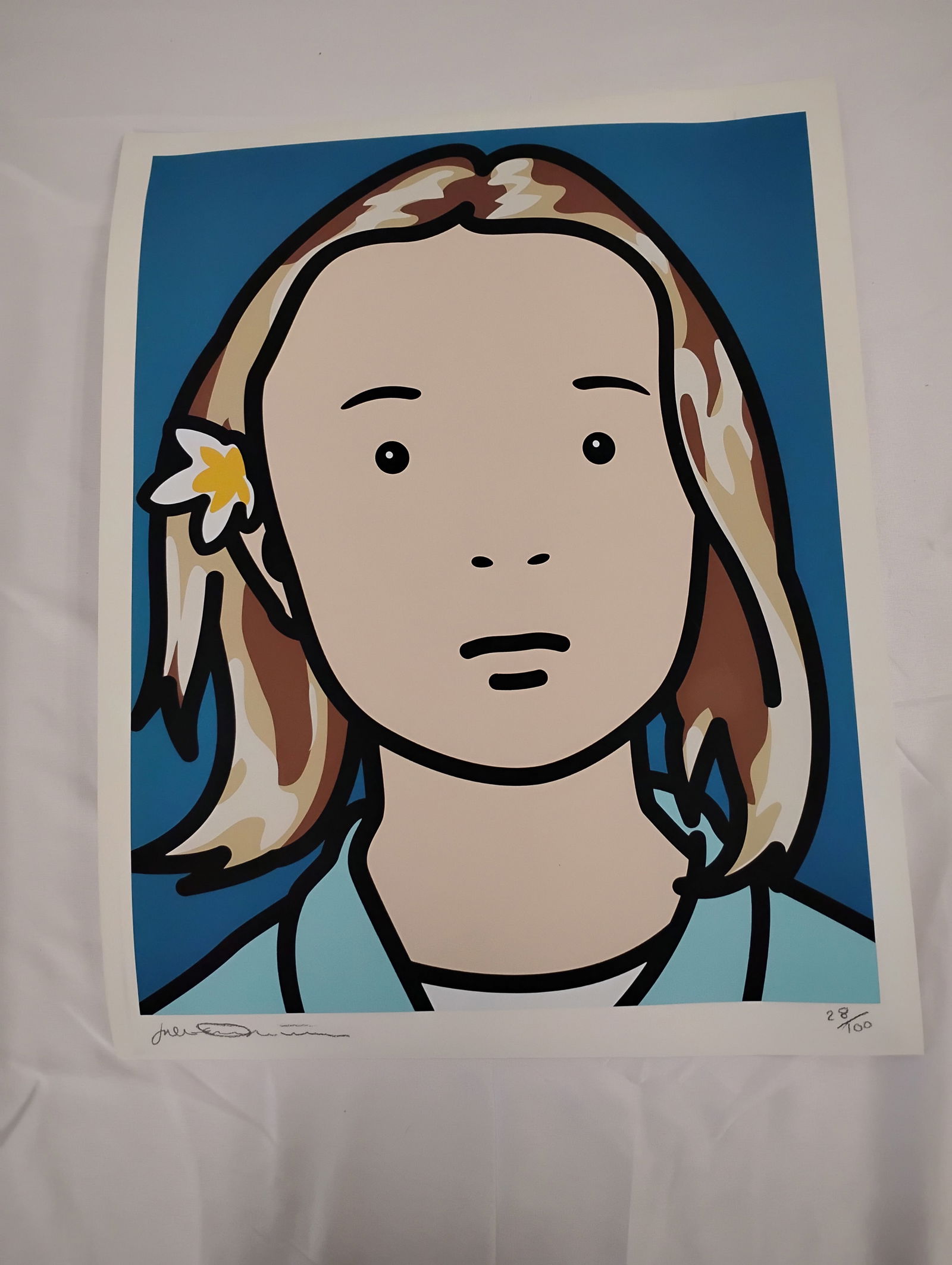 Julian Opie "Elena, Schoolgirl (with Lotus Blossom) Signed and Numbered Print: Julian Opie "Elena, Schoolgirl (with Lotus Blossom) Signed and Numbered Print, item measures 20x15.5 inches. This item is from local estate sale. We do not have a COA. We are selling as after Opie.