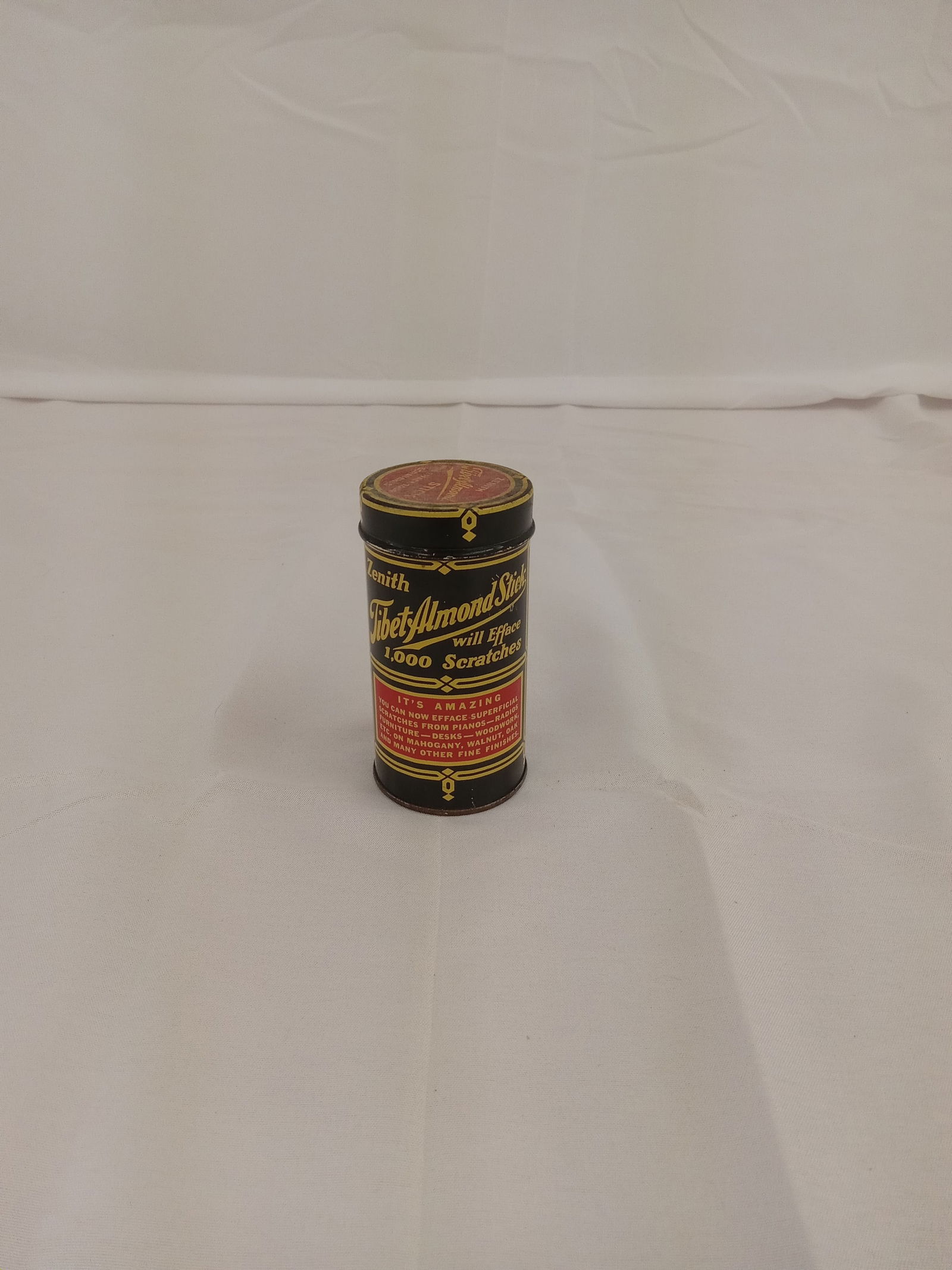 Vintage Zenith Tibet Almond Stick Tin: Vintage tin can of Zenith Tibet Almond Stick "Will Efface 1,000 Scratches" with lid