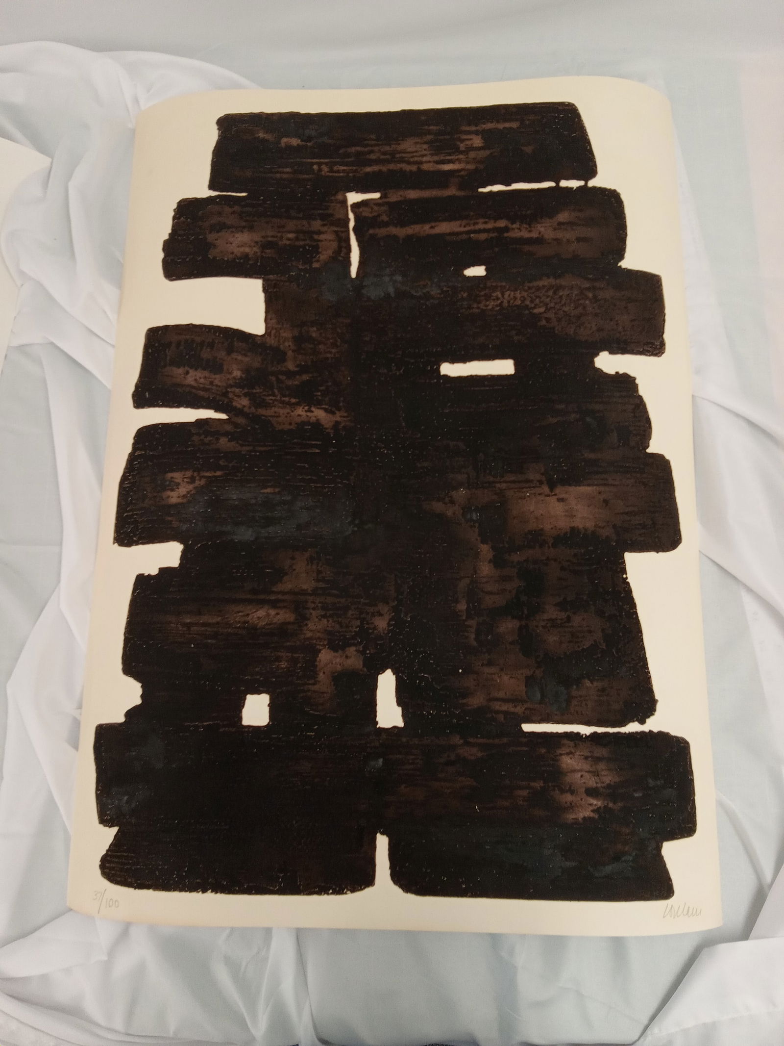 Pierre Soulages "Eau-Forte XIII" Signed Print: Eau-Forte XIII (13) Pierre Soulages print on arches paper. Signed and numbered edition of 100. Unknown print date. Measures 29 13/16 x22 1/4 inches.