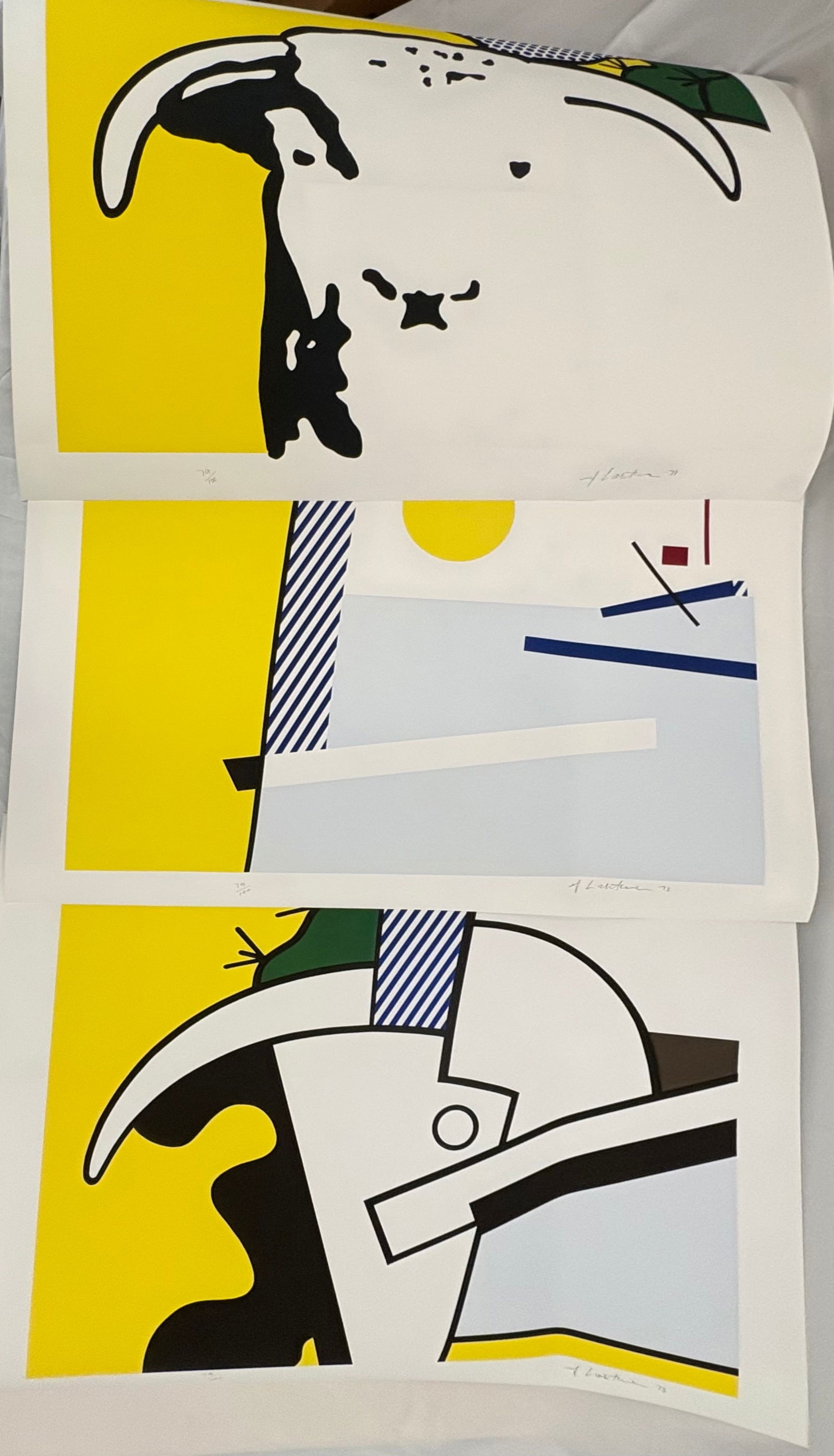 Roy Lichtenstein "Bull Head Series, 1973" Triptych Signed Lithographs: Bull Head Series (1973) by Roy Lichtenstein. The complete set of 3 lithographs on Arches paper with the blindstamp of the publisher, Gemini G.E.L. Each piece is signed, dated, and numbered in pencil.