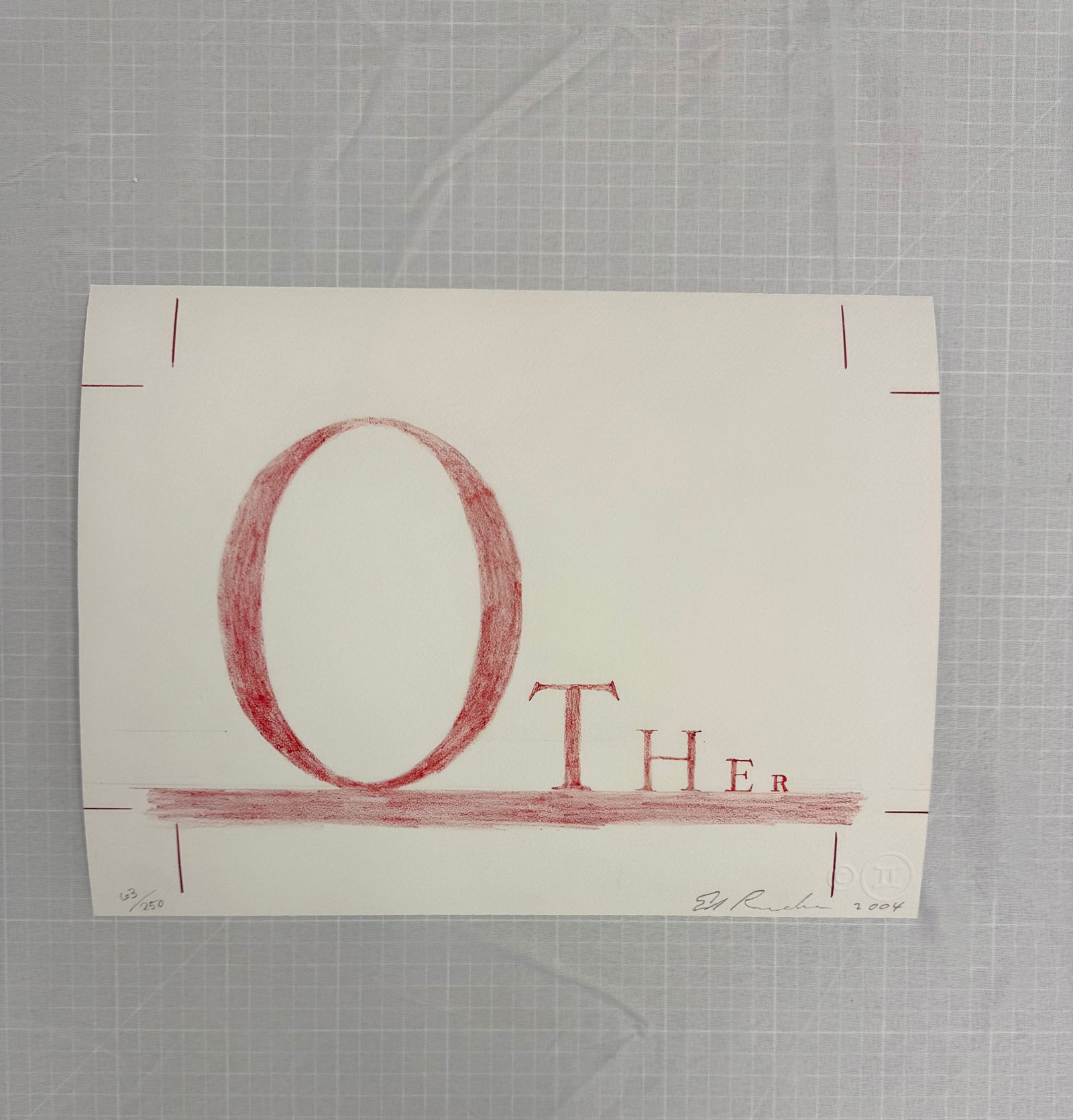 Ed Ruscha "Other": Ed Ruscha "Other" - Lithograph in red, on heavy wove paper, measures 11 1/4 In X 14 3/4 In, signed, dated 2004, and numbered 63/250 in pencil. With the publisher's blindstamp, Gemini G.E.L., Sold
