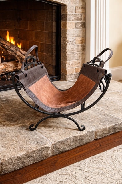 Leather & Wrought Iron Fireplace Log Holder / Firewood Carrier: Beautiful and functional leather and wrought iron fireplace log holder, perfect for adding warmth and rustic elegance to your hearth. This piece combines durable craftsmanship with timeless design, fe