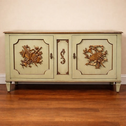 Vintage Seth Ben-Aire Credenza / Sideboard – Hand Decorated Cabinet: Beautiful vintage Seth Ben-Aire furniture credenza, showcasing classic mid-century craftsmanship with elegant decorative detailing. This statement piece features a soft sage finish accented by