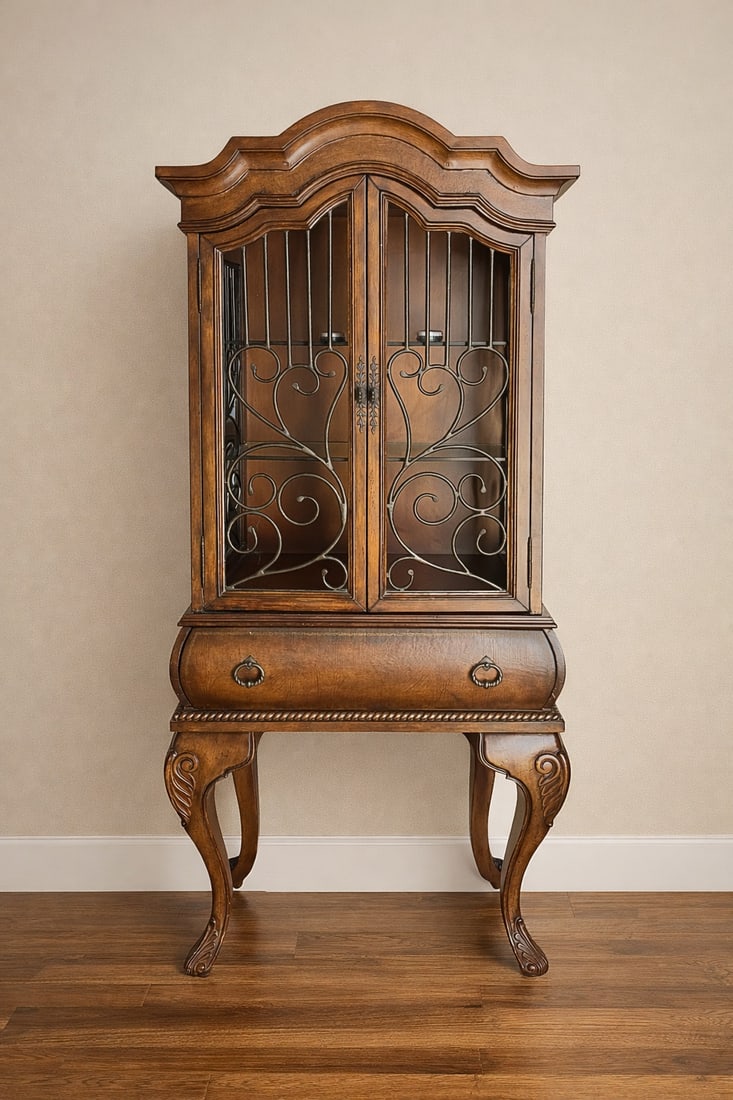 Vintage Tall Accent Cabinet / Pedestal Display Stand – Carved Wood with Iron Detail: Elegant and eye-catching vintage accent cabinet or pedestal display stand featuring beautifully carved solid wood construction and decorative wrought iron detailing. This unique piece showcases