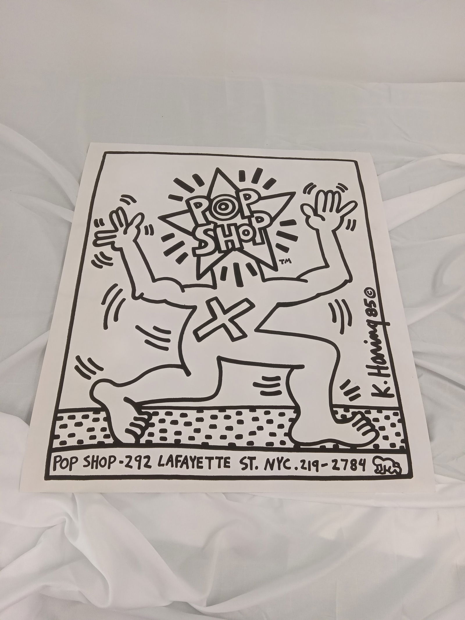 Keith Haring "NYC Pop Shop'" Poster: Keith Haring-(American, 1958-1990), NYC Pop Shop, offset lithograph on heavy wove paper, measures approx-sheet: 21 X 24 inches, signed lower right margin; printed by haring circa 1985/1986, Provenance