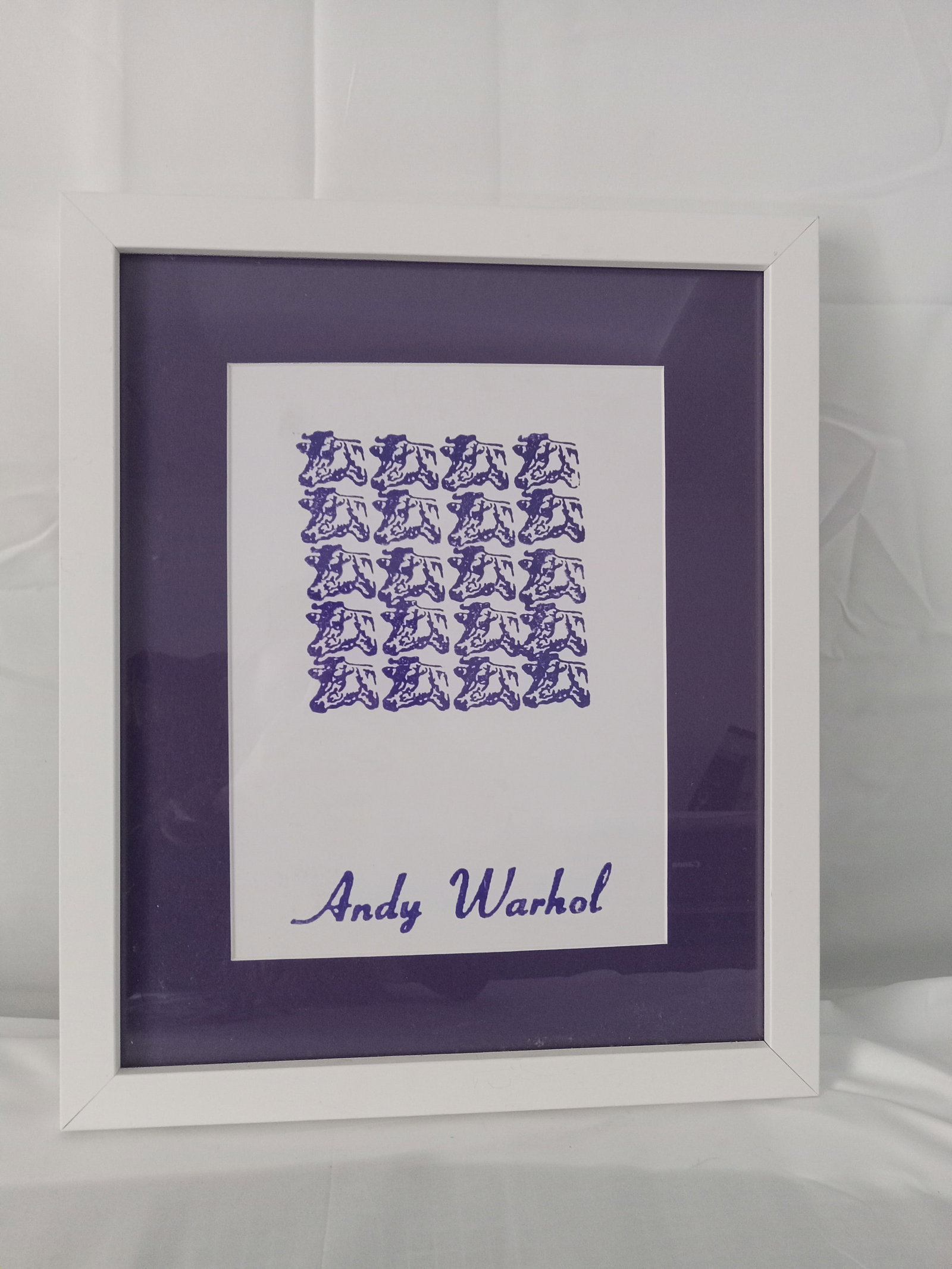 Andy Warhol "Purple Cows Stamp": Andy Warhol "Purple Cows Stamp" print on Rives paper. Framed. Measures Frame: 15.5in x 13in, Sight 13.5in x 11in. Sold After as These are part of the estate sale and we do not have a COA.