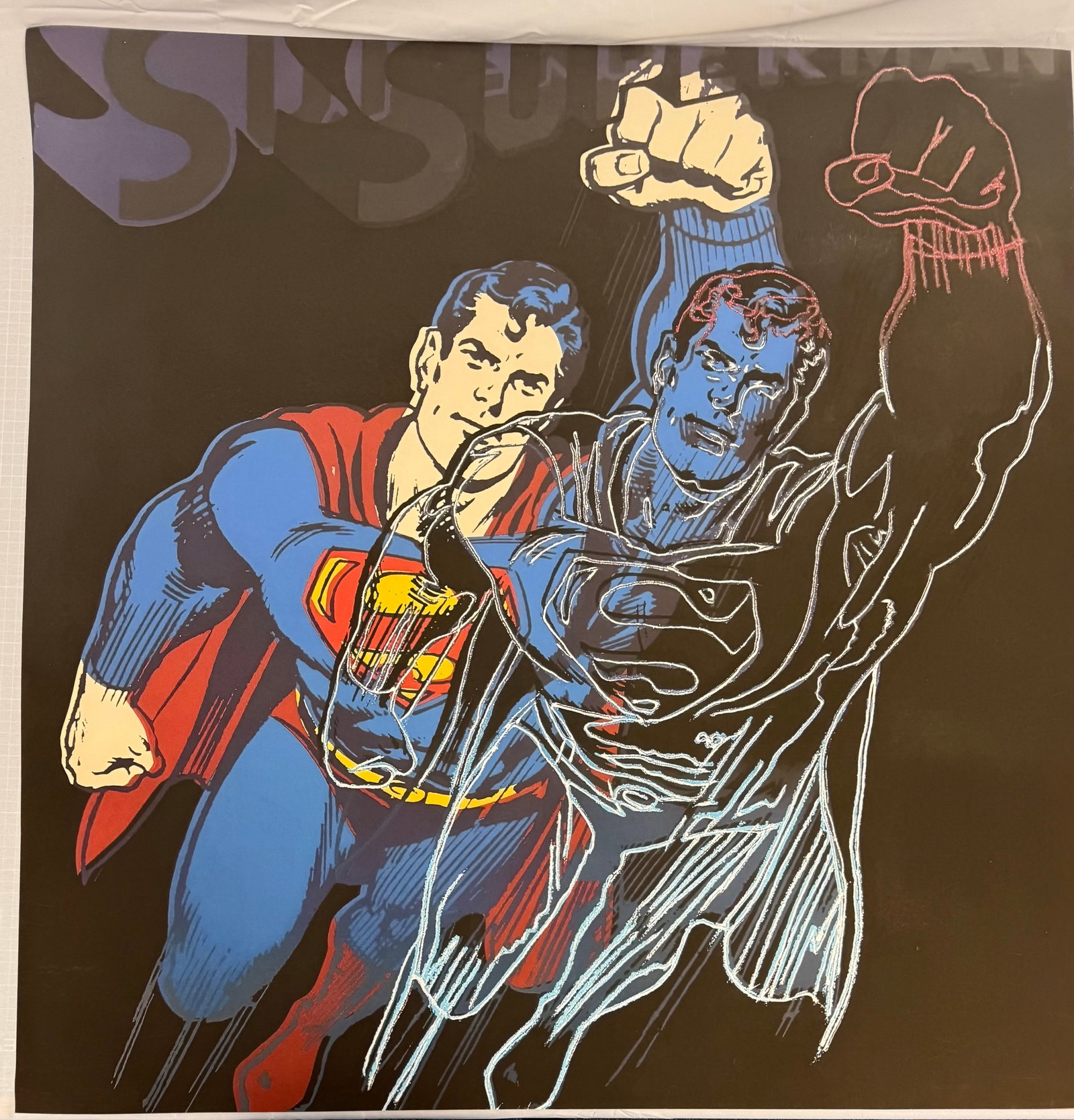 Andy Warhol, Superman Print: Andy Warhol, Superman Print, Measures 38" x 38", Print in Colors on Heavy Paper, Stamp on back. Sold After, This item came from an estate in Cherry Hill, NJ. We have no additional information on