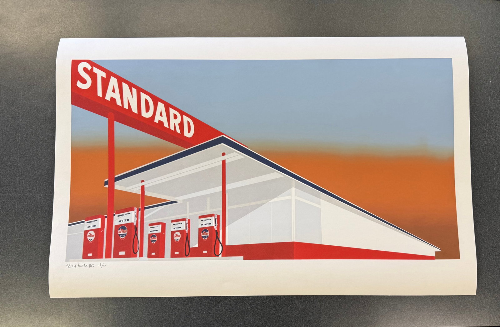 Ed Ruscha Standard Station: Ed Ruscha Standard Station, Print in colors, on Heavy wove paper, 1966, Pencil signed, dated and numbered, Measures 25 X 39 in