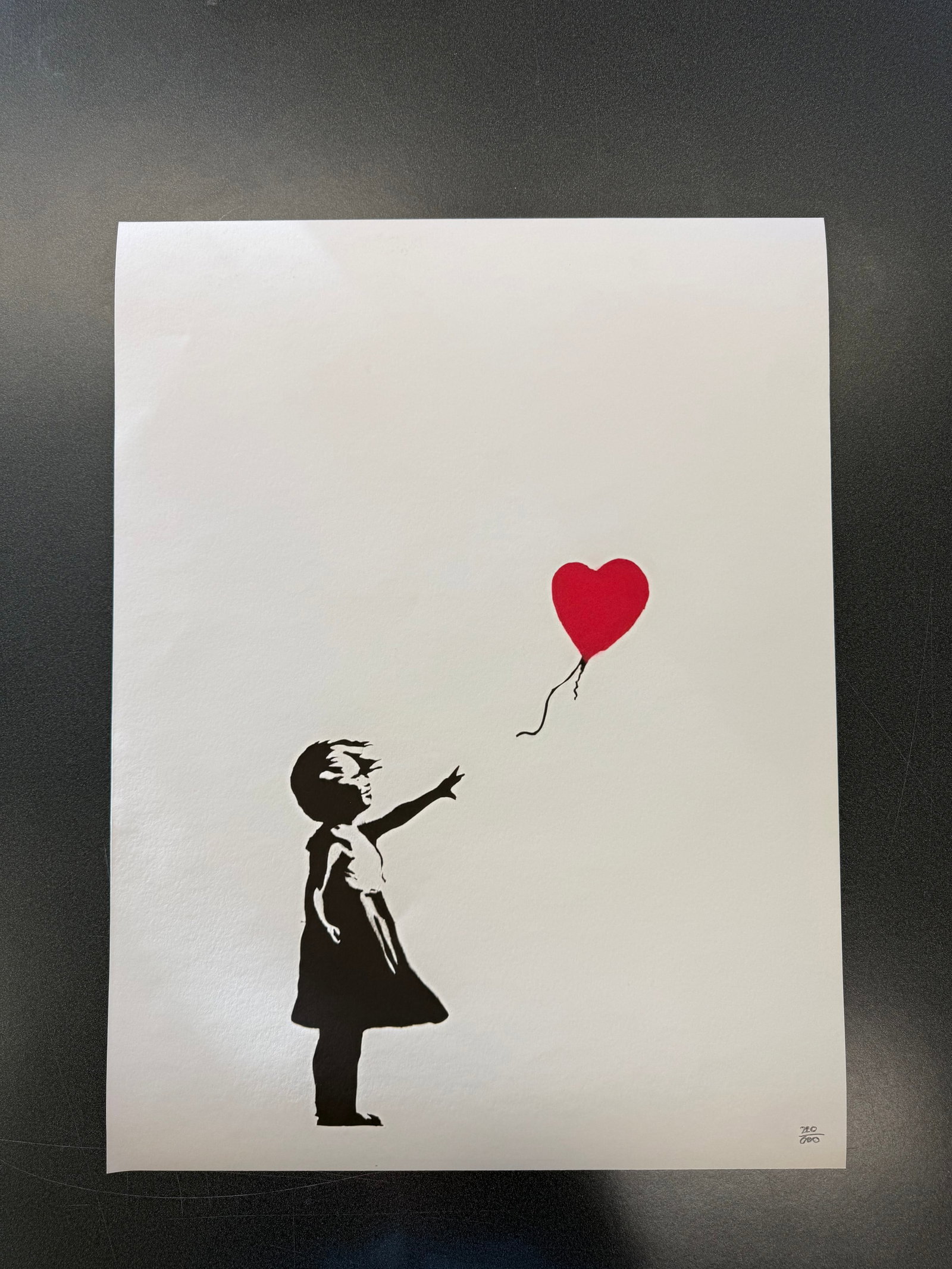 Banksy "Girl with Ballon": Banksy "Girl with Ballon" Lithograph in colors, on wove paper, with full margins. Numbered 220/600 in pencil, an unsigned impression (there was also a signed edition of 150), Image Measures 15 X 9.5