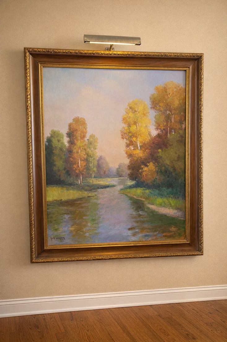 Large Original Henry Dupree Landscape Oil Painting – Framed: Beautiful original landscape oil painting by listed artist Henry Dupree, featuring a serene river scene surrounded by luminous autumn trees and soft natural light. This impressive oversized artwork ca