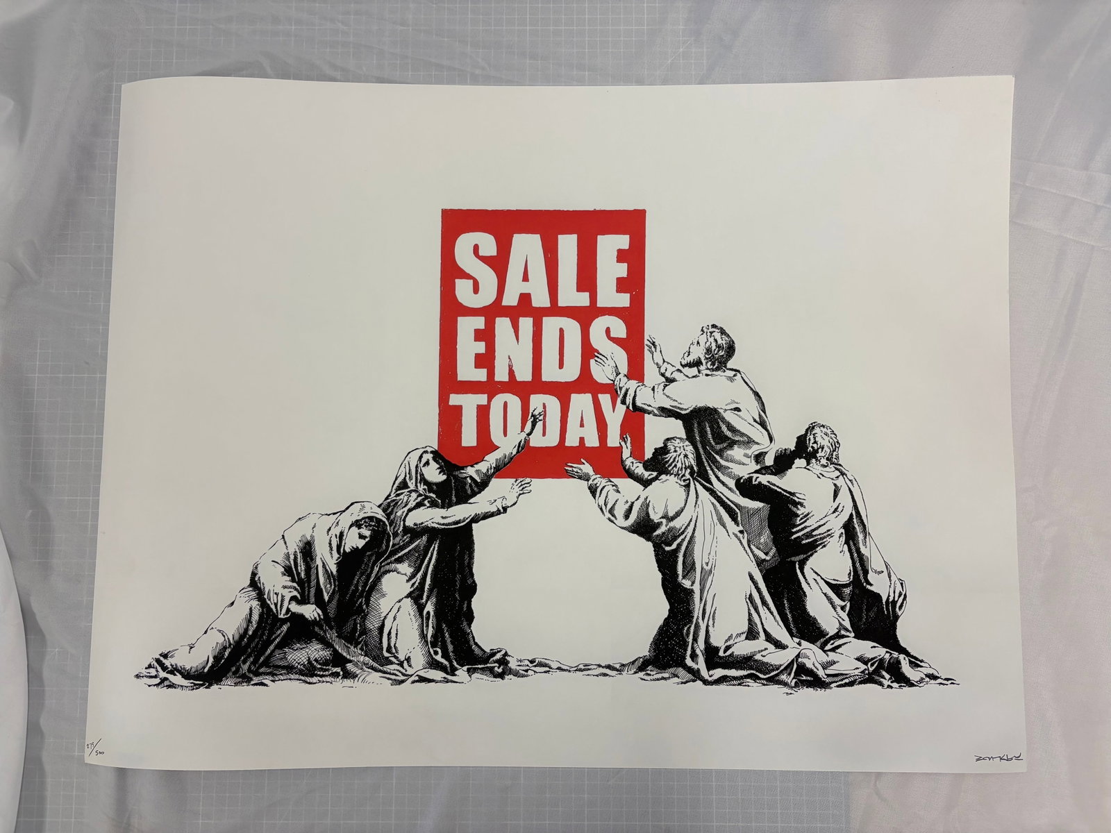 Banksy "Sale Ends V2" sold after: Ater Banksy "Sale Ends V2" Print in colors on Arches Wove Paper. In 2017, Banksy released this reworked version, Sale Ends V2, as a print edition of 500. The artwork humorously mocks commercial brands