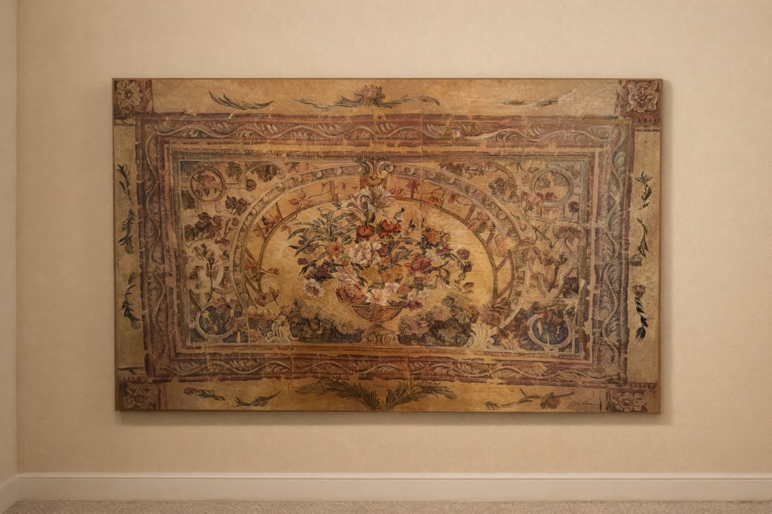 Large Ornate Floral Canvas Wall Art – 5 ft Wide: Make a statement with this stunning oversized decorative canvas featuring a classical European-inspired design. The artwork showcases an elegant floral arrangement framed by intricate scrollwork,