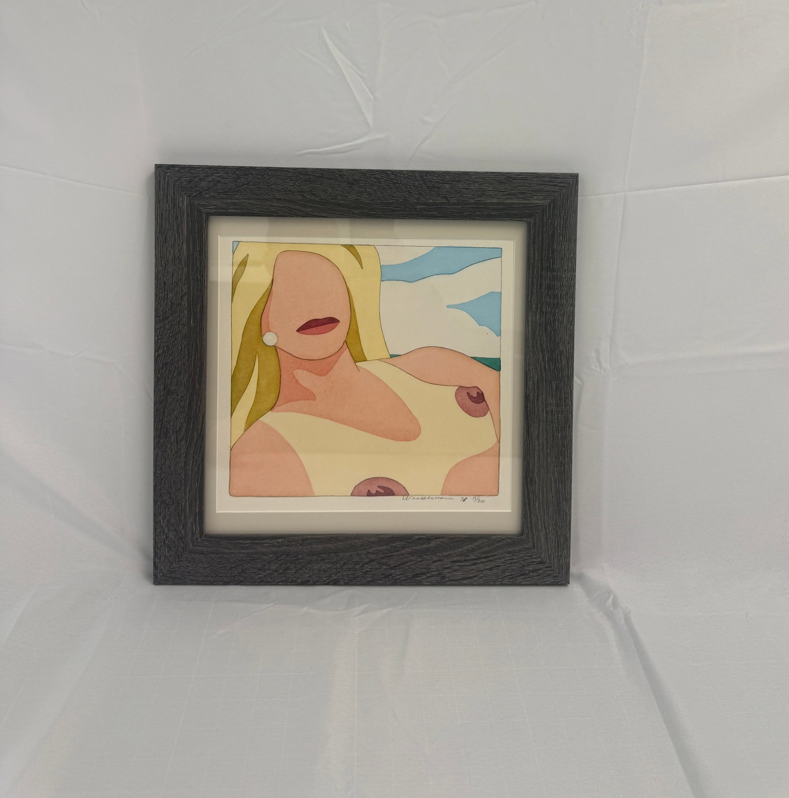 Tom Wesselmaann "Bedroom Nude" Offset Litho, sold after: Tom Wesselmann "Bedroom Nude" After Offset lithograph print on Arches paper. pencil. Framed. Measurements are approximate. Frame: 15x15 in. Sheet measures 9.825x11 in. Sight: 11.5x11.5 in. These are p
